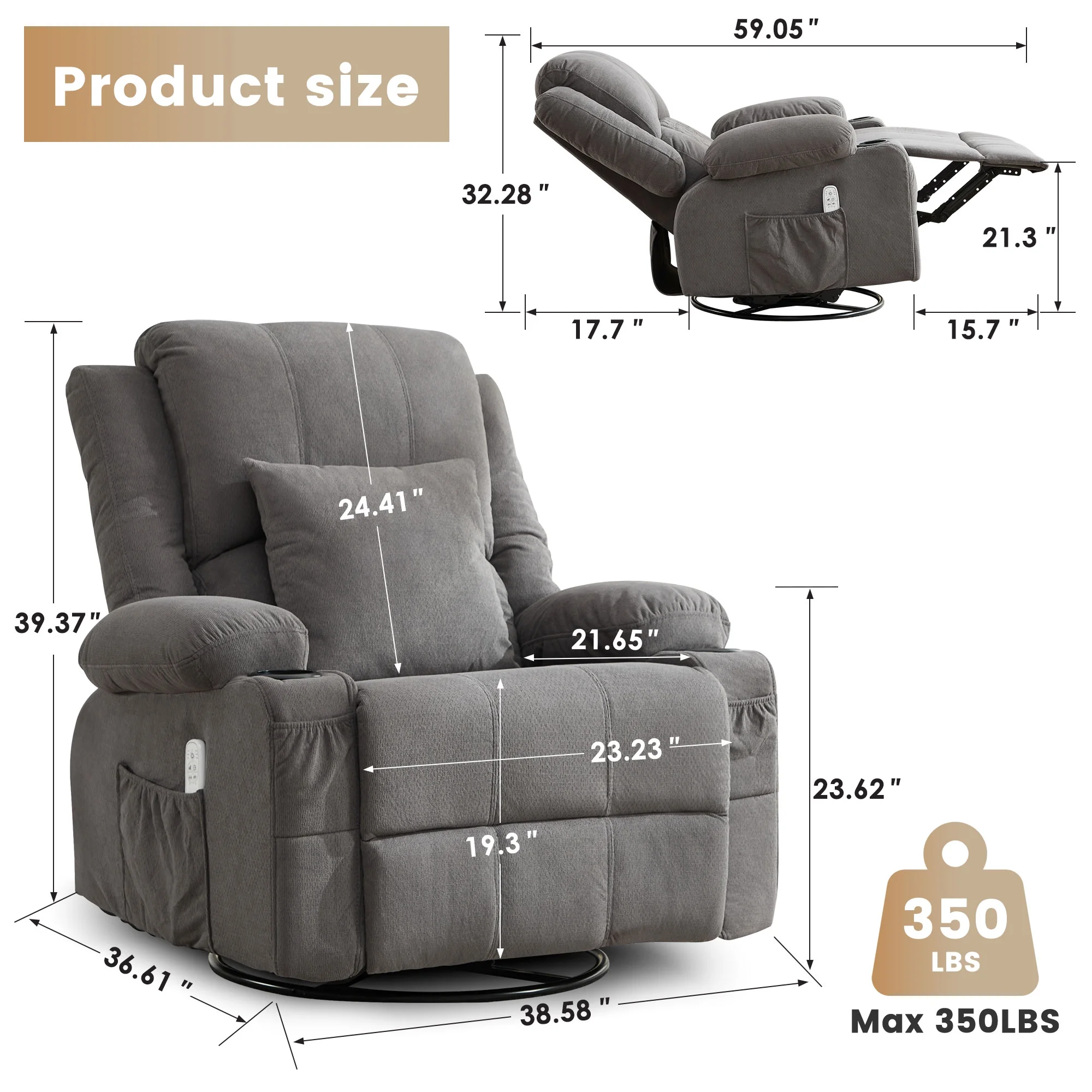 JONPONY Kneading Massage Rocker Recliner Chair with 4-Point 3D Kneading Massage and Heat Ergonomic Lounge Chair for Living Room with Rocking Function and 2 Cup Holders, USB Charge Port,Gray