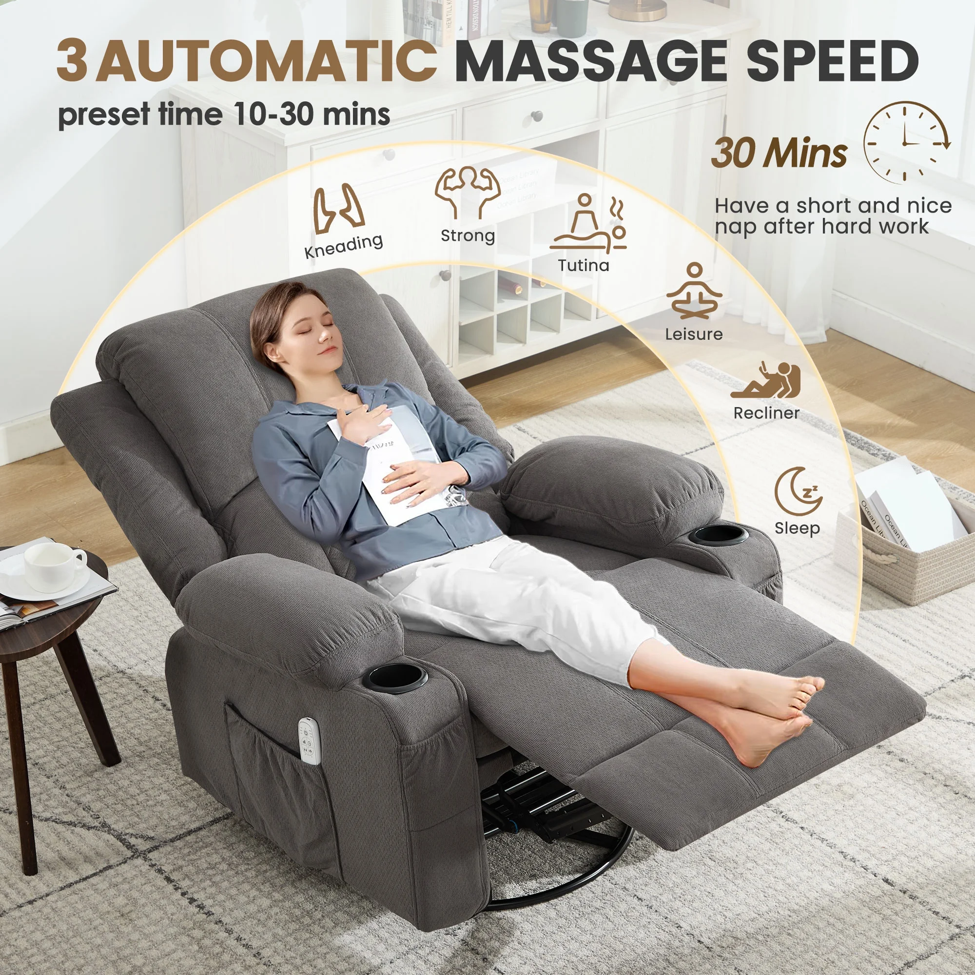 JONPONY Kneading Massage Rocker Recliner Chair with 4-Point 3D Kneading Massage and Heat Ergonomic Lounge Chair for Living Room with Rocking Function and 2 Cup Holders, USB Charge Port,Gray
