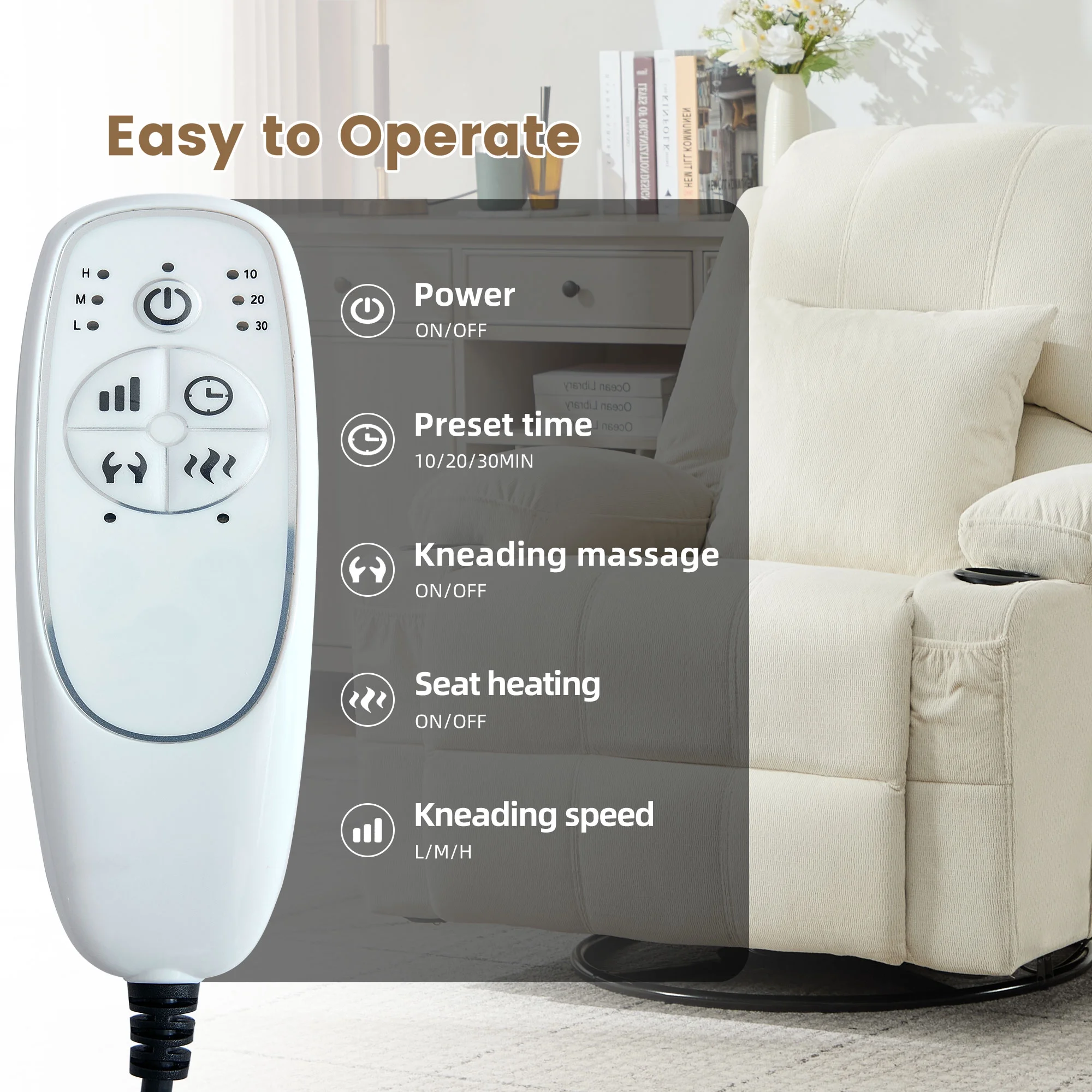 JONPONY Kneading Massage Rocker Recliner Chair with 4-Point 3D Kneading Massage and Heat Ergonomic Lounge Chair for Living Room with Rocking Function and 2 Cup Holders, USB Charge Port,Gray