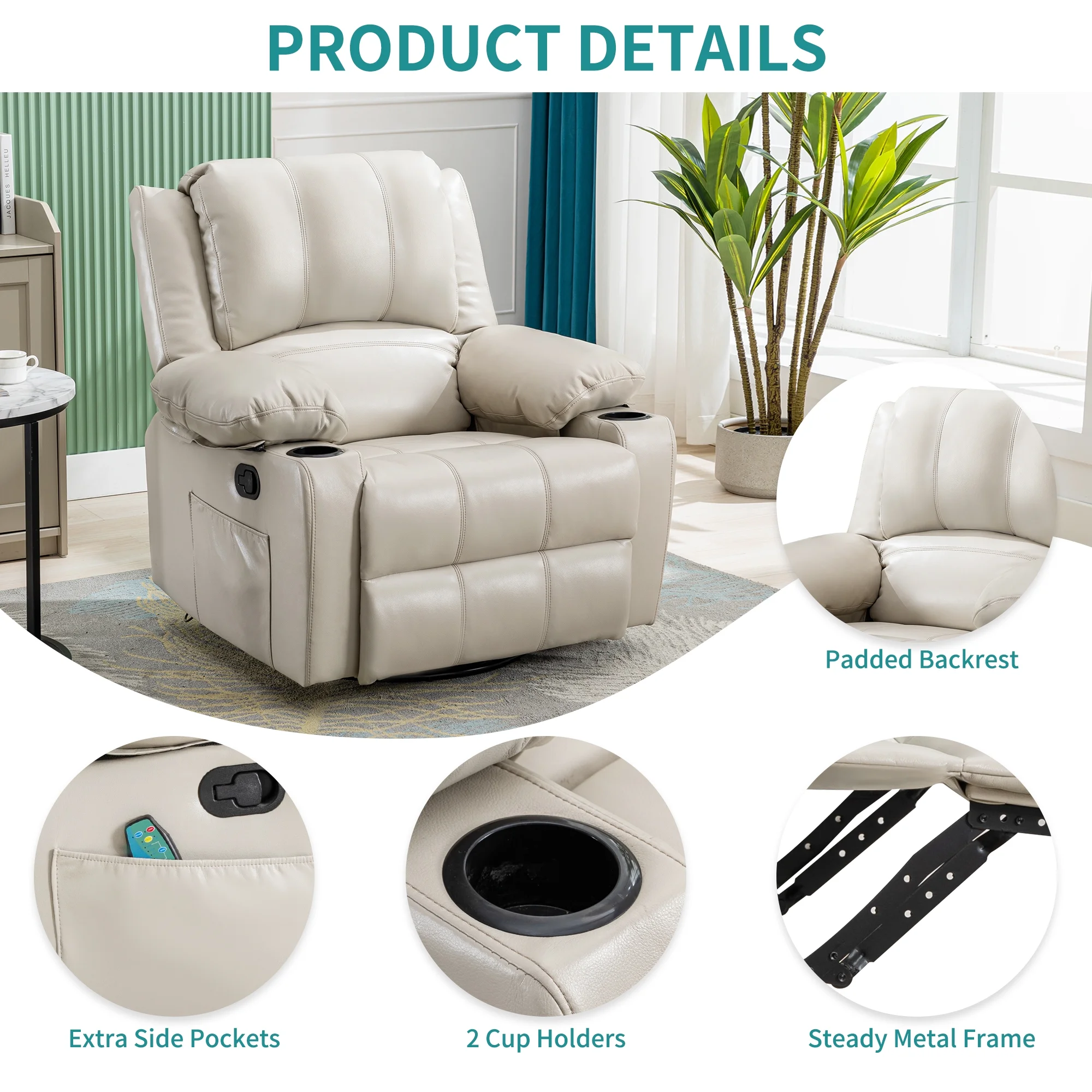 JONPONY Kneading Massage Rocker Recliner Chair with 4-Point 3D Kneading Massage and Heat Ergonomic Lounge Chair for Living Room with Rocking Function and 2 Cup Holders, USB Charge Port,Gray