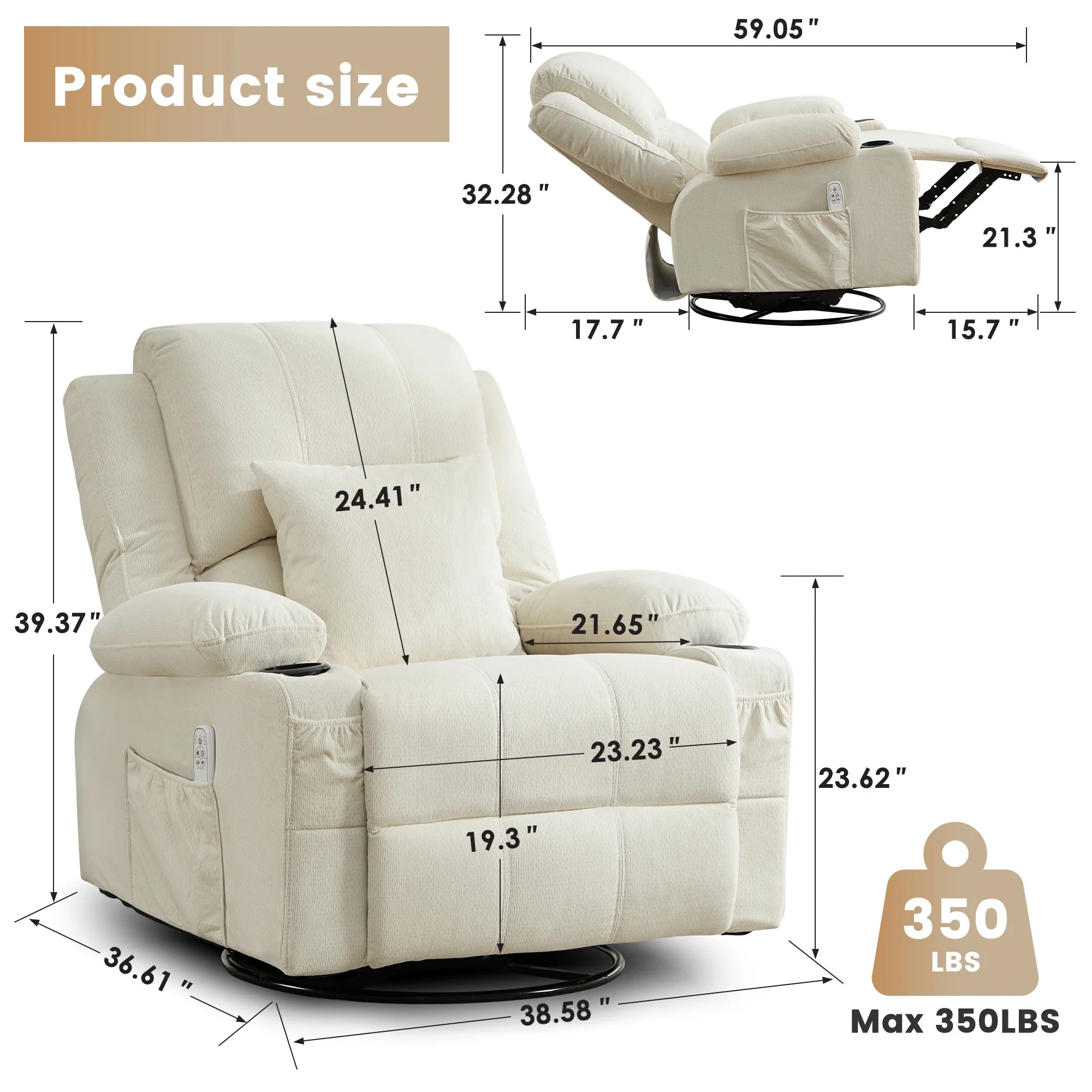 JONPONY Kneading Massage Rocker Recliner Chair with 4-Point 3D Kneading Massage and Heat Ergonomic Lounge Chair for Living Room with Rocking Function and 2 Cup Holders, USB Charge Port,Gray