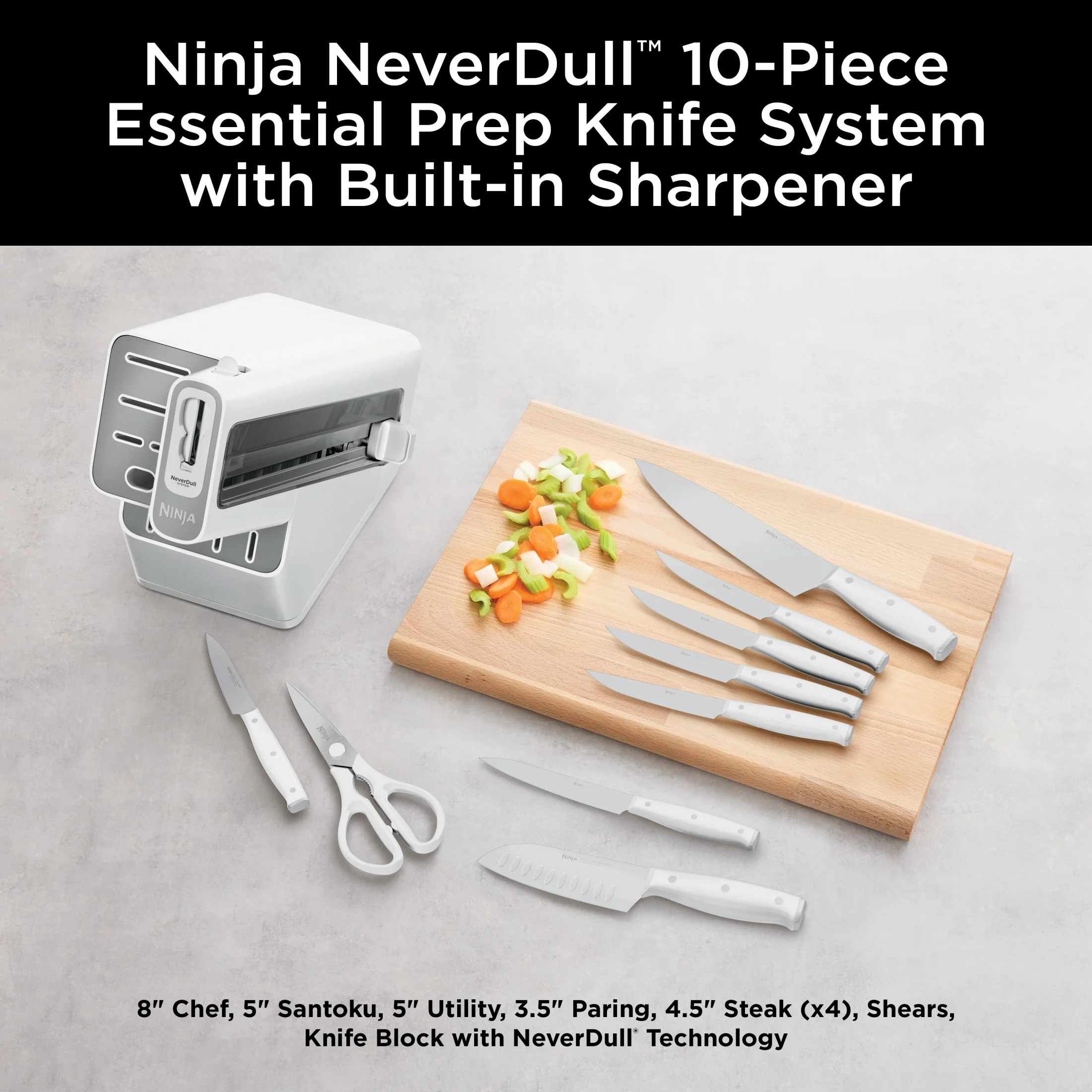 Ninja Foodi NeverDull 10-Piece Stainless Steel Essential Knife System with Sharpener, K12010 Black/Gray