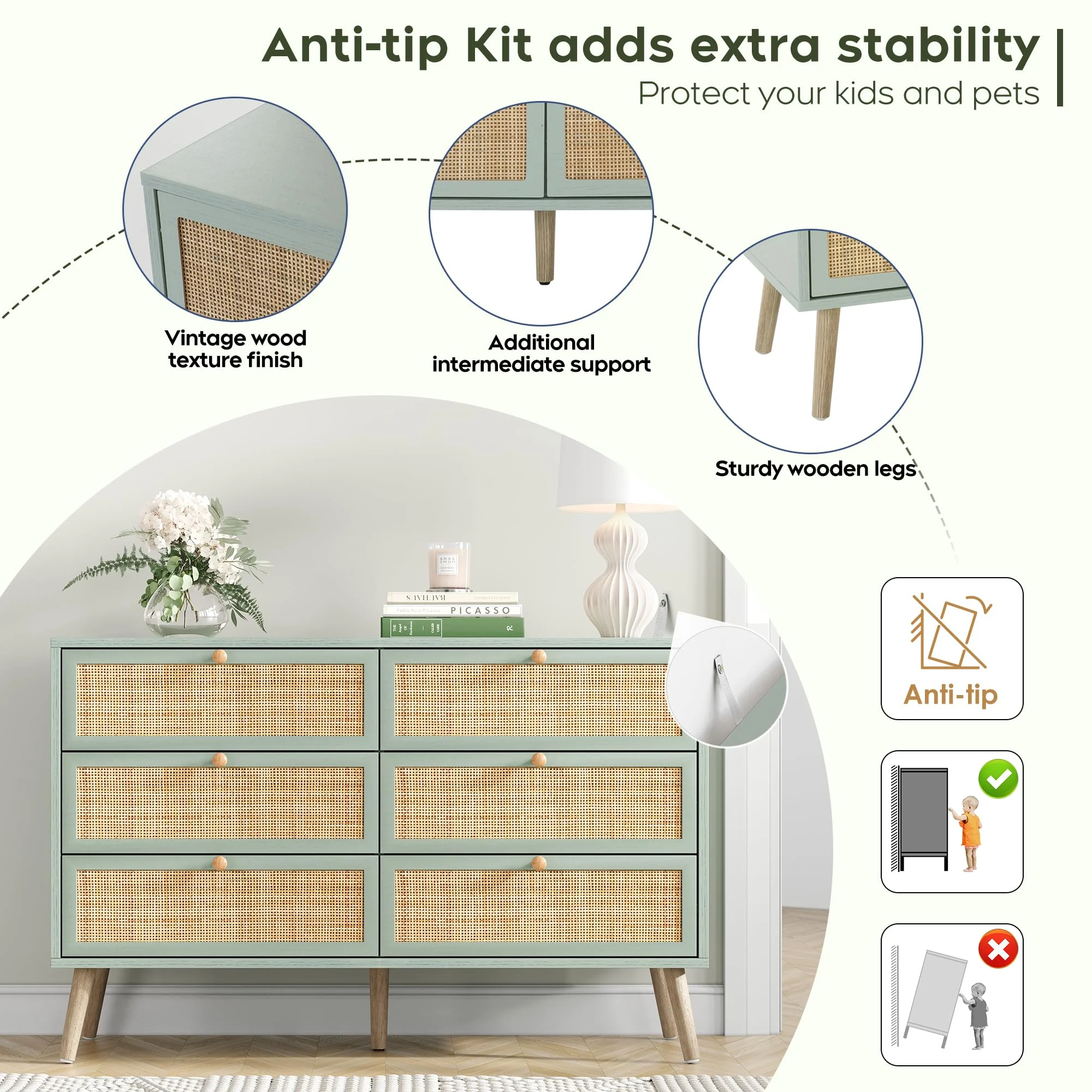 Brafabhome Rattan 6 Drawers Dresser for Bedroom, Vintage Boho Double Dresser Wicker Chest with Wooden Legs for Living Room Hallway| Mint