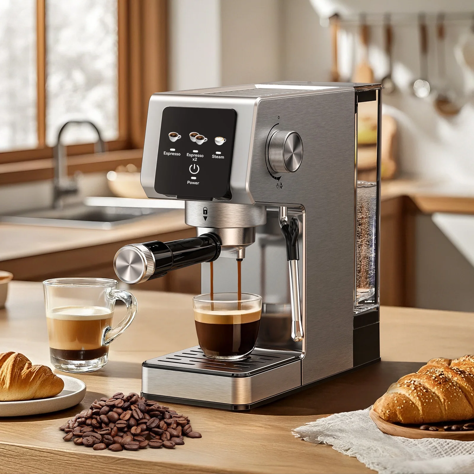 Espresso Machine 20 Bar, Rapid Cold Brew, Stainless Steel Coffee Machine with 40oz Removable Water Tank for Cappuccino, Latte, Silver