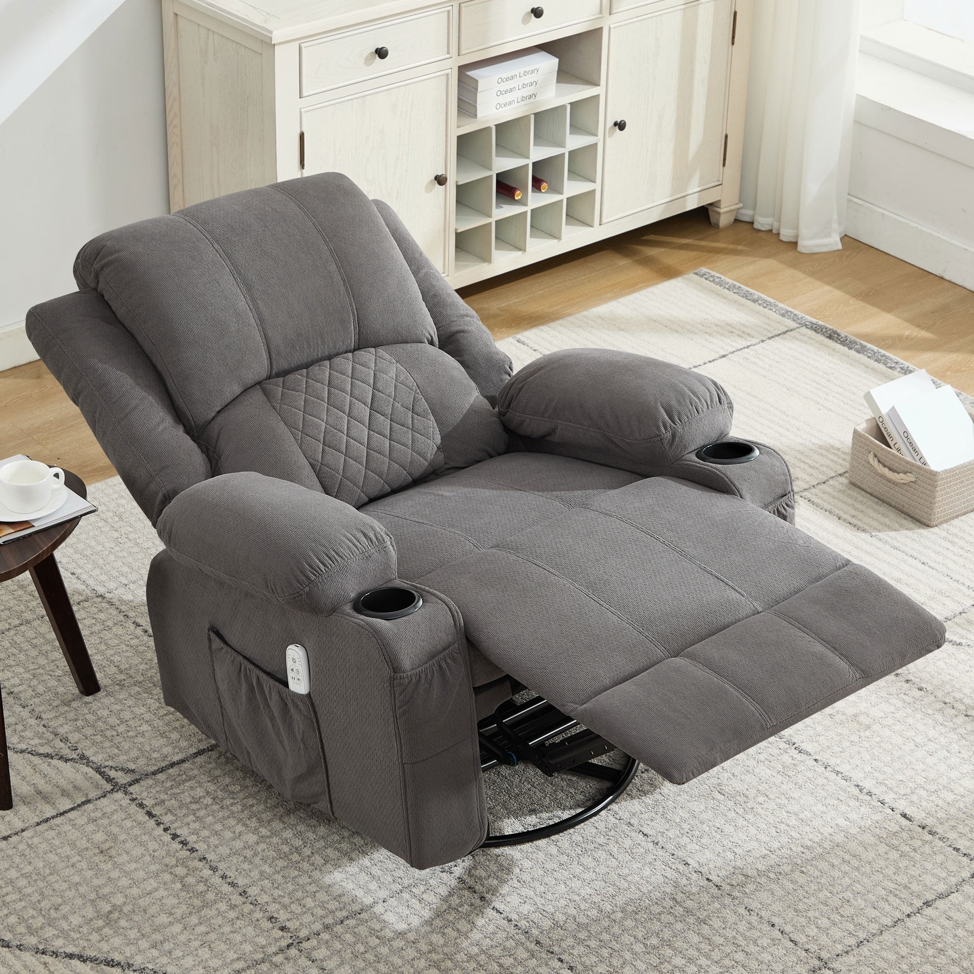 JONPONY Kneading Massage Rocker Recliner Chair with 4-Point 3D Kneading Massage and Heat Ergonomic Lounge Chair for Living Room with Rocking Function and 2 Cup Holders, USB Charge Port,Gray