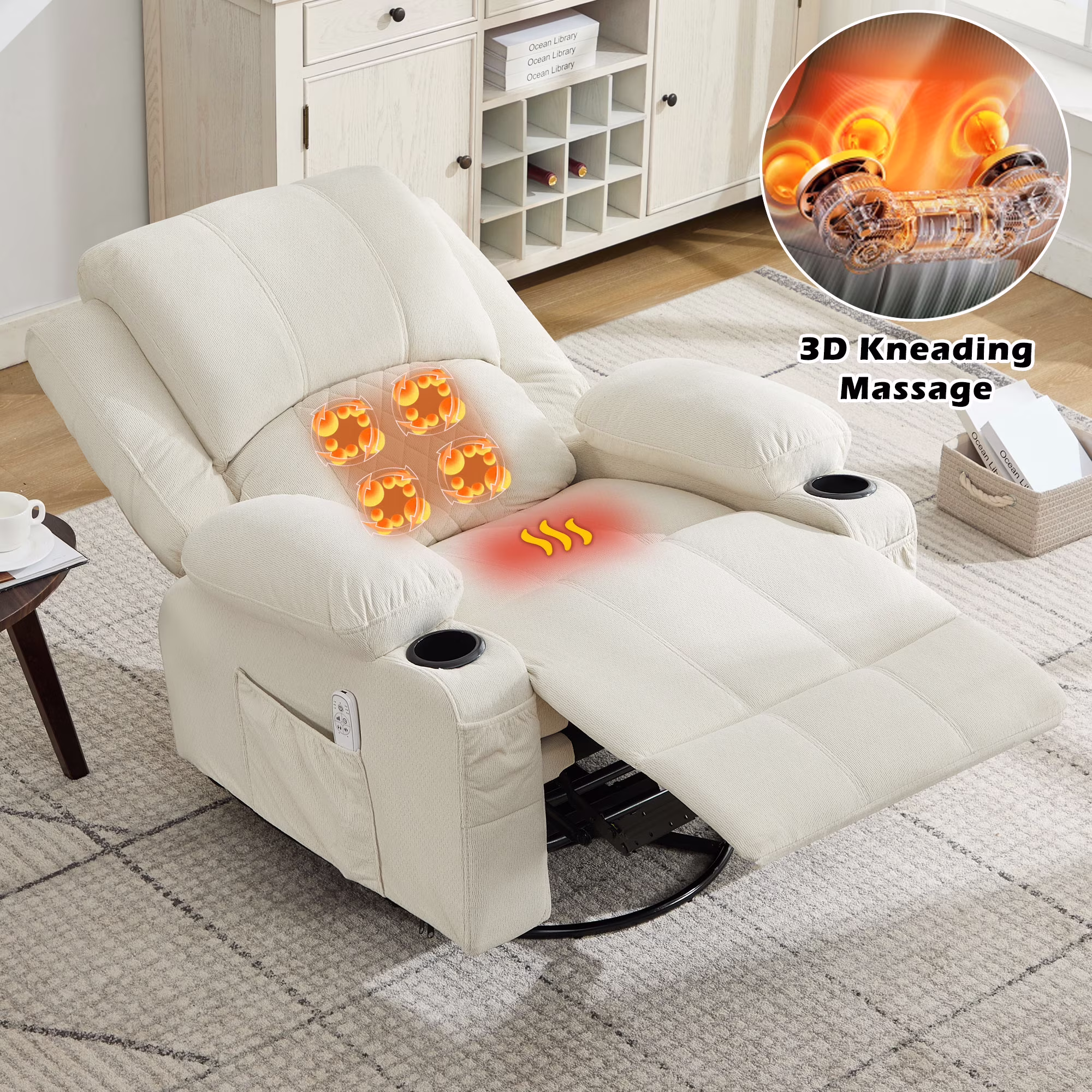 JONPONY Kneading Massage Rocker Recliner Chair with 4-Point 3D Kneading Massage and Heat Ergonomic Lounge Chair for Living Room with Rocking Function and 2 Cup Holders, USB Charge Port,Gray