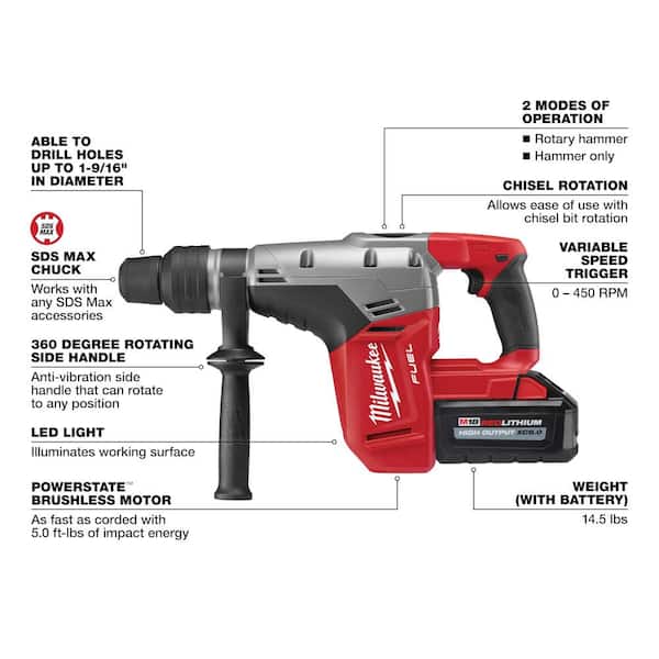 M18 FUEL 18V Lithium-Ion Brushless Cordless 1-9/16 in. SDS-Max Rotary Hammer Kit w/ Two 8.0Ah Batteries & Hard Case