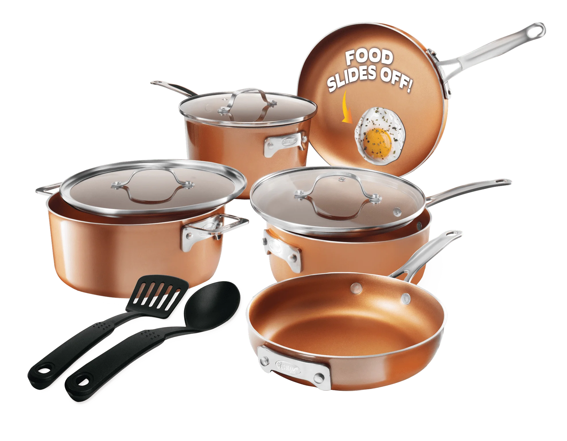 Gotham Steel Stackmaster 10 Pc Copper Pots and Pans Set Non Stick Cookware Set with Kitchen Utensils, Induction Ready, Non Toxic Nesting Design for 50% Space Saving, Oven and Dishwasher Safe