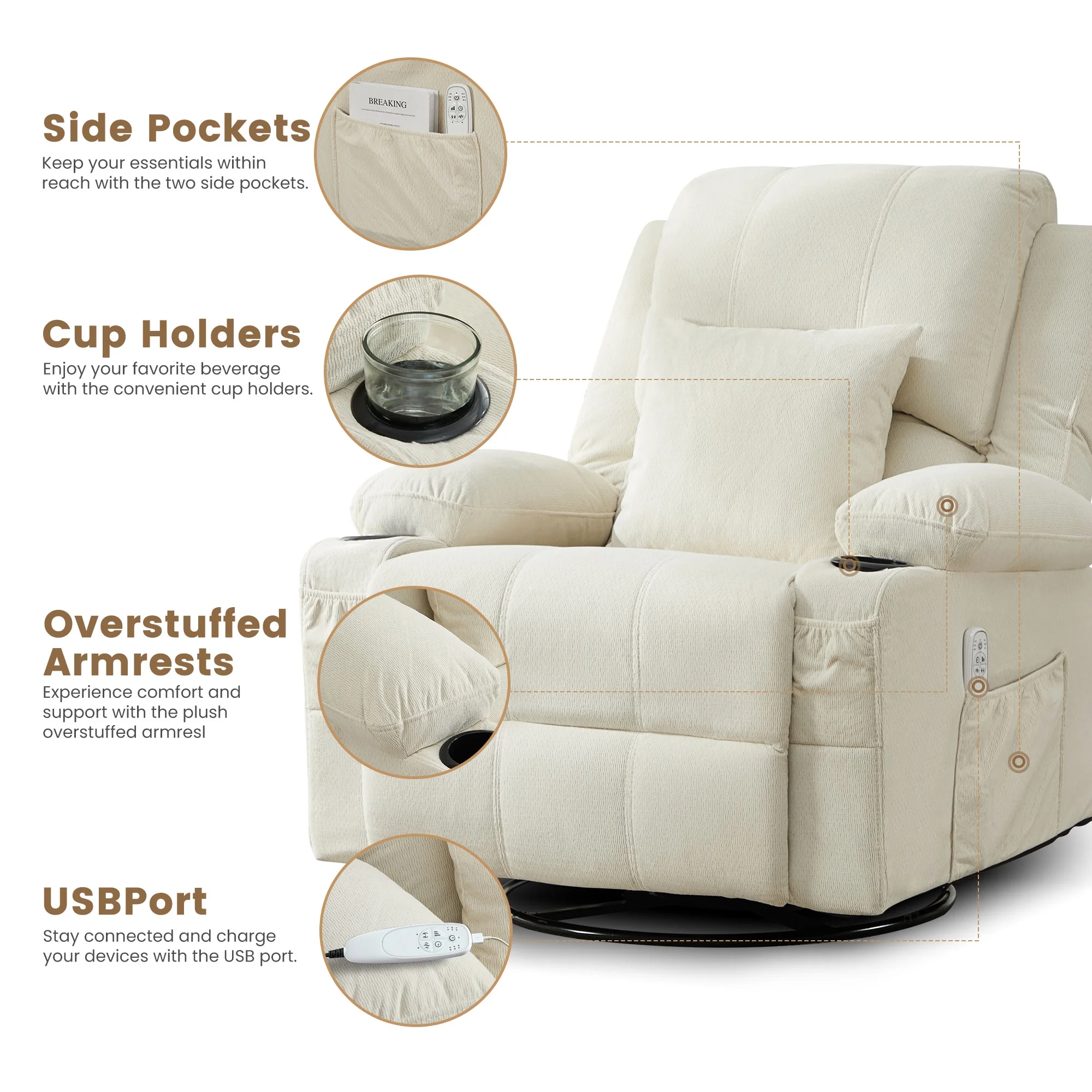 JONPONY Kneading Massage Rocker Recliner Chair with 4-Point 3D Kneading Massage and Heat Ergonomic Lounge Chair for Living Room with Rocking Function and 2 Cup Holders, USB Charge Port,Gray