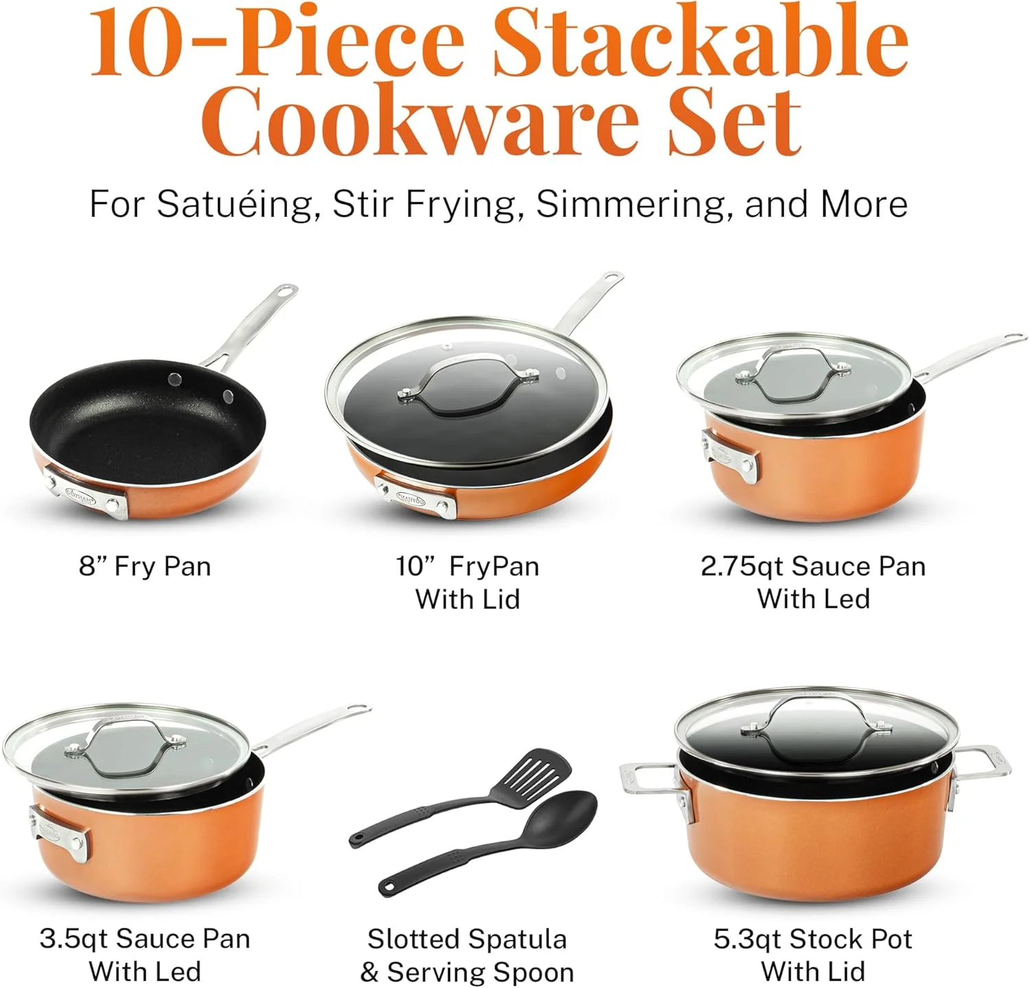 Gotham Steel Stackmaster 10 Pc Copper Pots and Pans Set Non Stick Cookware Set with Kitchen Utensils, Induction Ready, Non Toxic Nesting Design for 50% Space Saving, Oven and Dishwasher Safe
