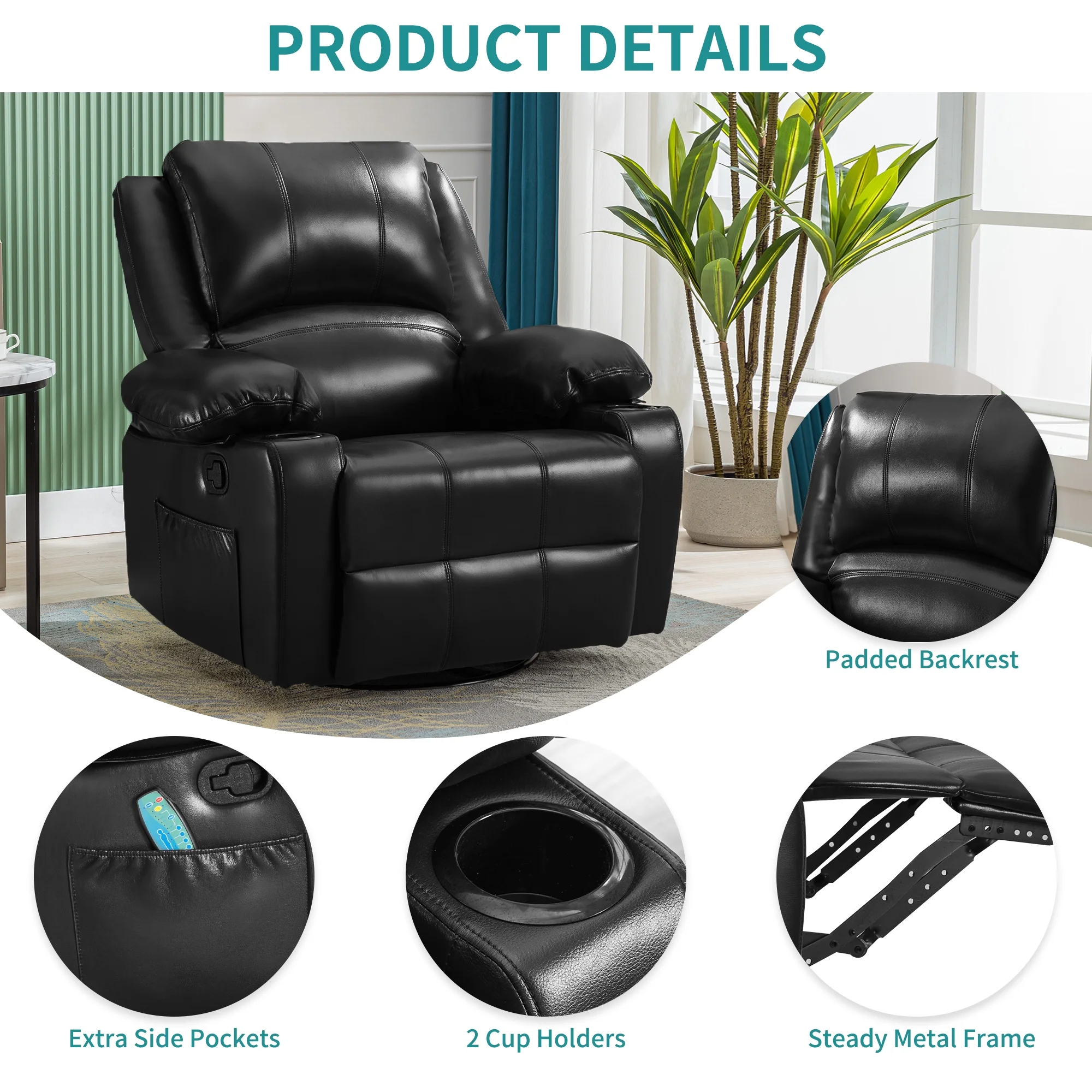 JONPONY Kneading Massage Rocker Recliner Chair with 4-Point 3D Kneading Massage and Heat Ergonomic Lounge Chair for Living Room with Rocking Function and 2 Cup Holders, USB Charge Port,Gray