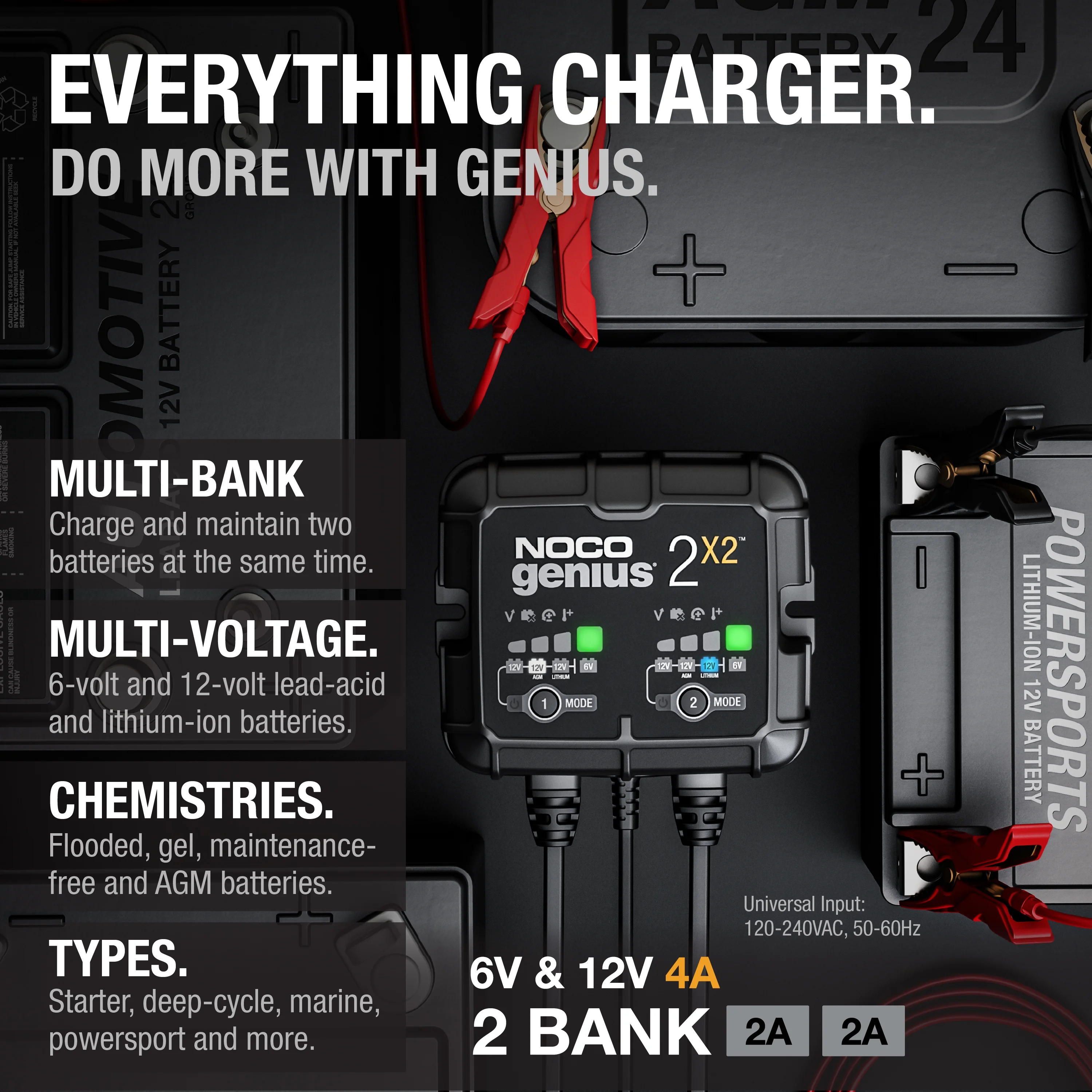 NOCO GENIUS2X2: 2-Bank 4A (2A/Bank) 6V/12V Smart Battery Charger, Maintainer and Desulfator
