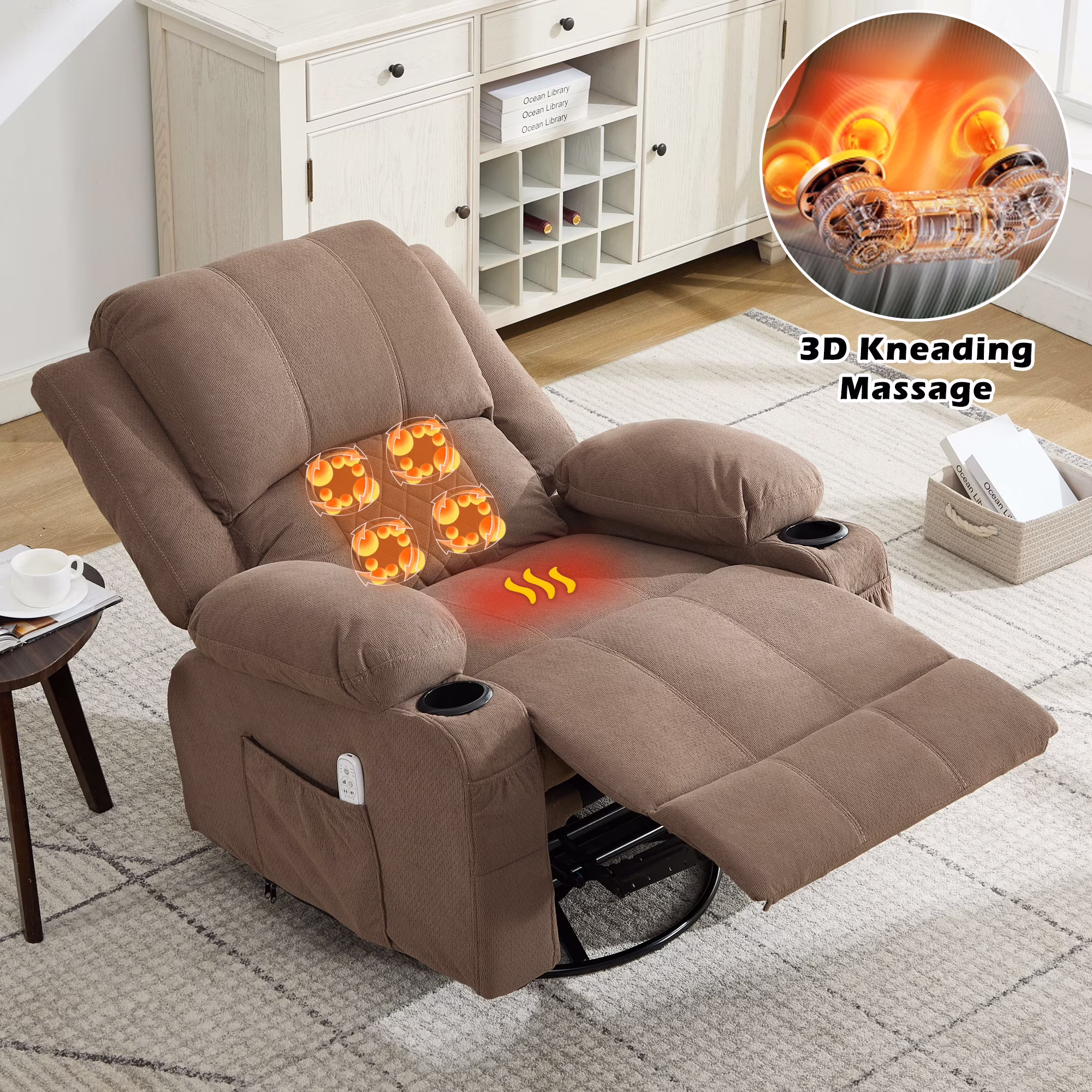 JONPONY Kneading Massage Rocker Recliner Chair with 4-Point 3D Kneading Massage and Heat Ergonomic Lounge Chair for Living Room with Rocking Function and 2 Cup Holders, USB Charge Port,Gray