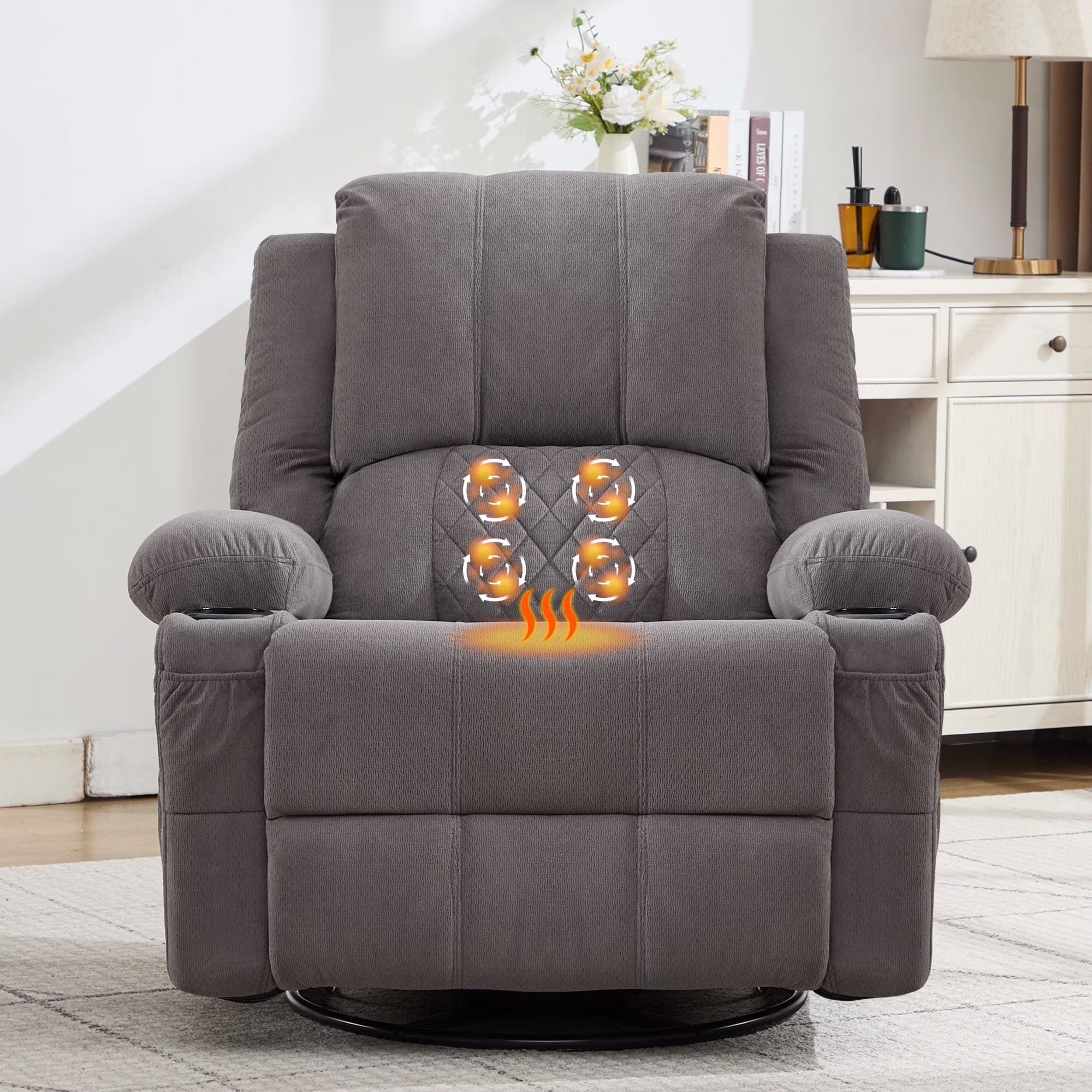 JONPONY Kneading Massage Rocker Recliner Chair with 4-Point 3D Kneading Massage and Heat Ergonomic Lounge Chair for Living Room with Rocking Function and 2 Cup Holders, USB Charge Port,Gray