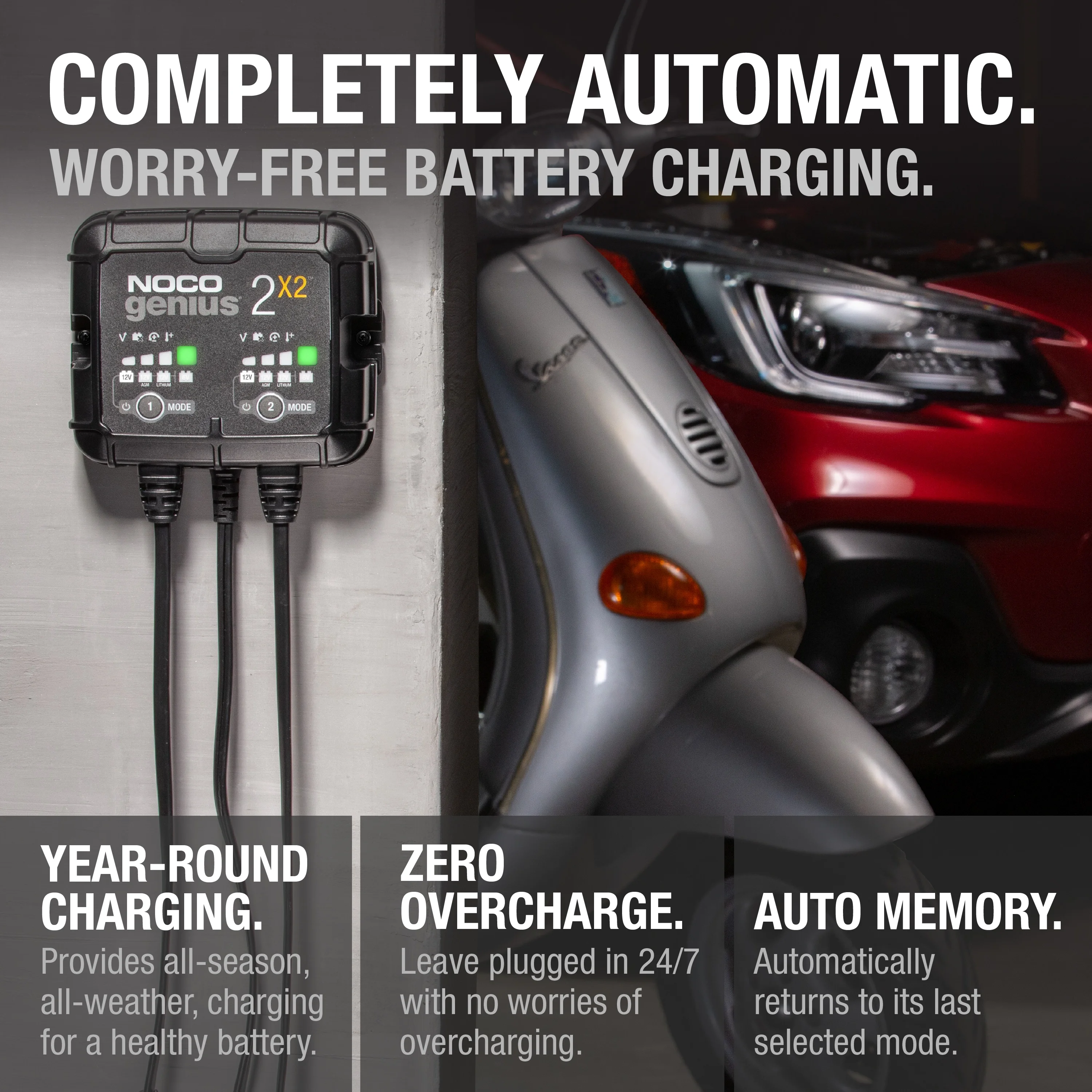 NOCO GENIUS2X2: 2-Bank 4A (2A/Bank) 6V/12V Smart Battery Charger, Maintainer and Desulfator