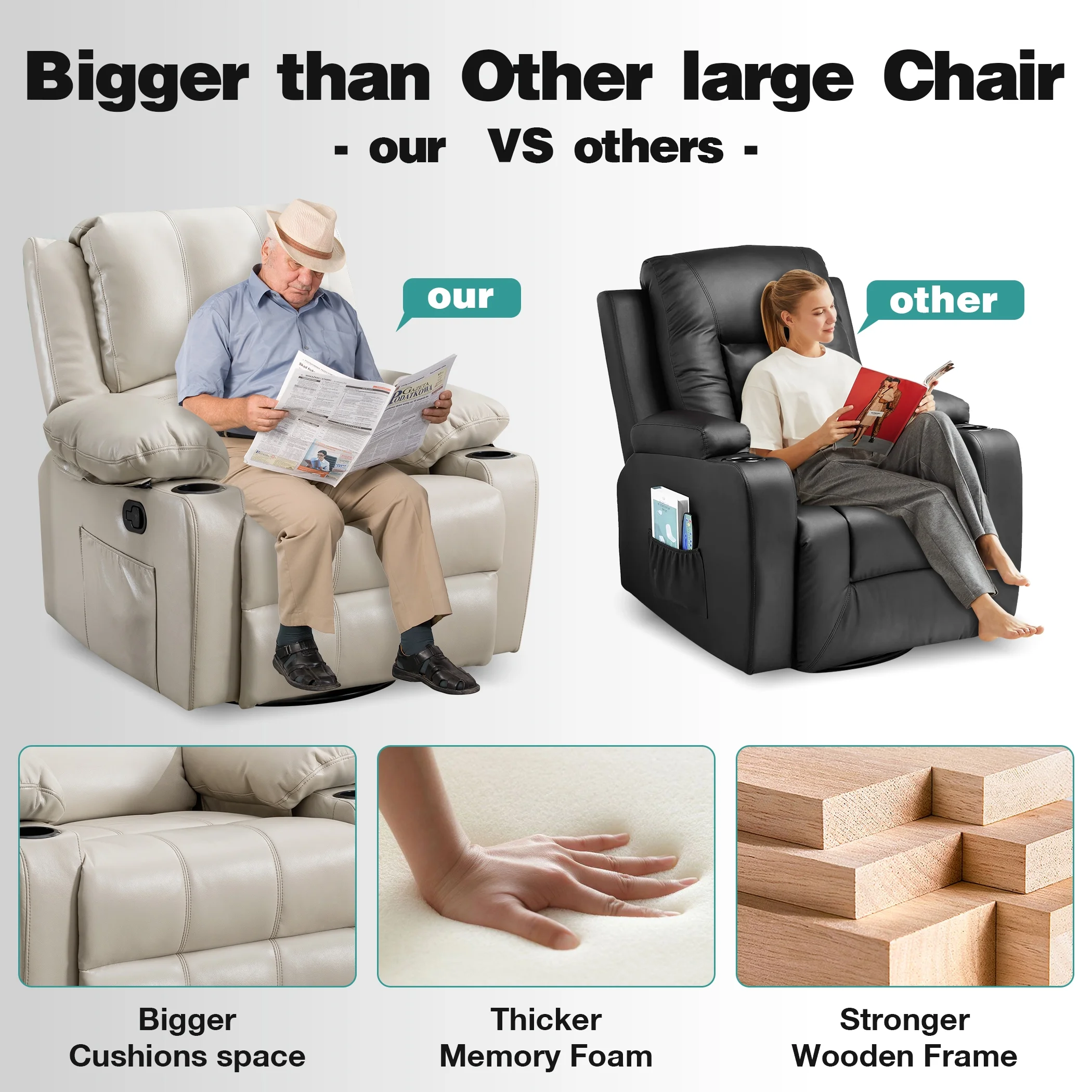 JONPONY Kneading Massage Rocker Recliner Chair with 4-Point 3D Kneading Massage and Heat Ergonomic Lounge Chair for Living Room with Rocking Function and 2 Cup Holders, USB Charge Port,Gray