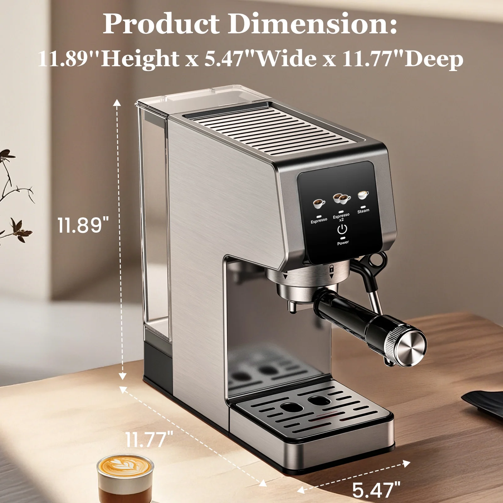 Espresso Machine 20 Bar, Rapid Cold Brew, Stainless Steel Coffee Machine with 40oz Removable Water Tank for Cappuccino, Latte, Silver