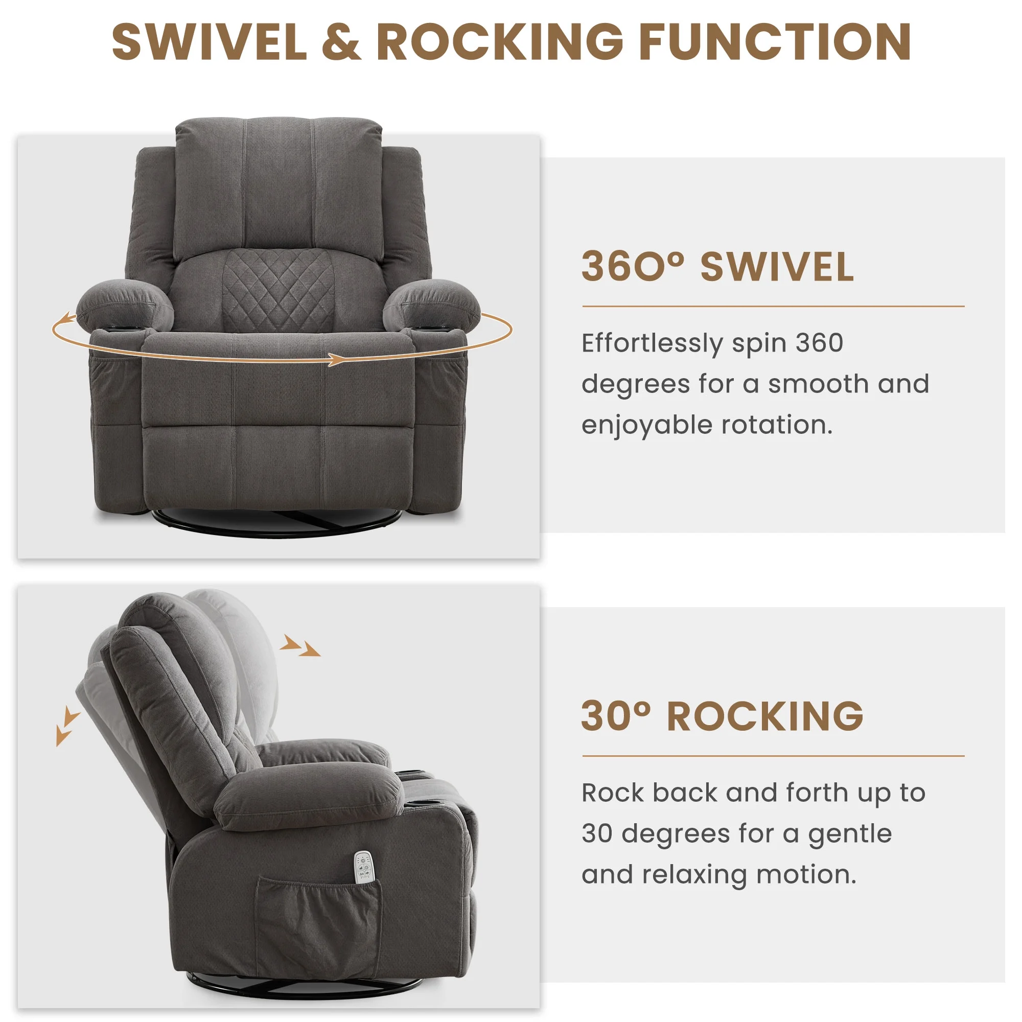 JONPONY Kneading Massage Rocker Recliner Chair with 4-Point 3D Kneading Massage and Heat Ergonomic Lounge Chair for Living Room with Rocking Function and 2 Cup Holders, USB Charge Port,Gray