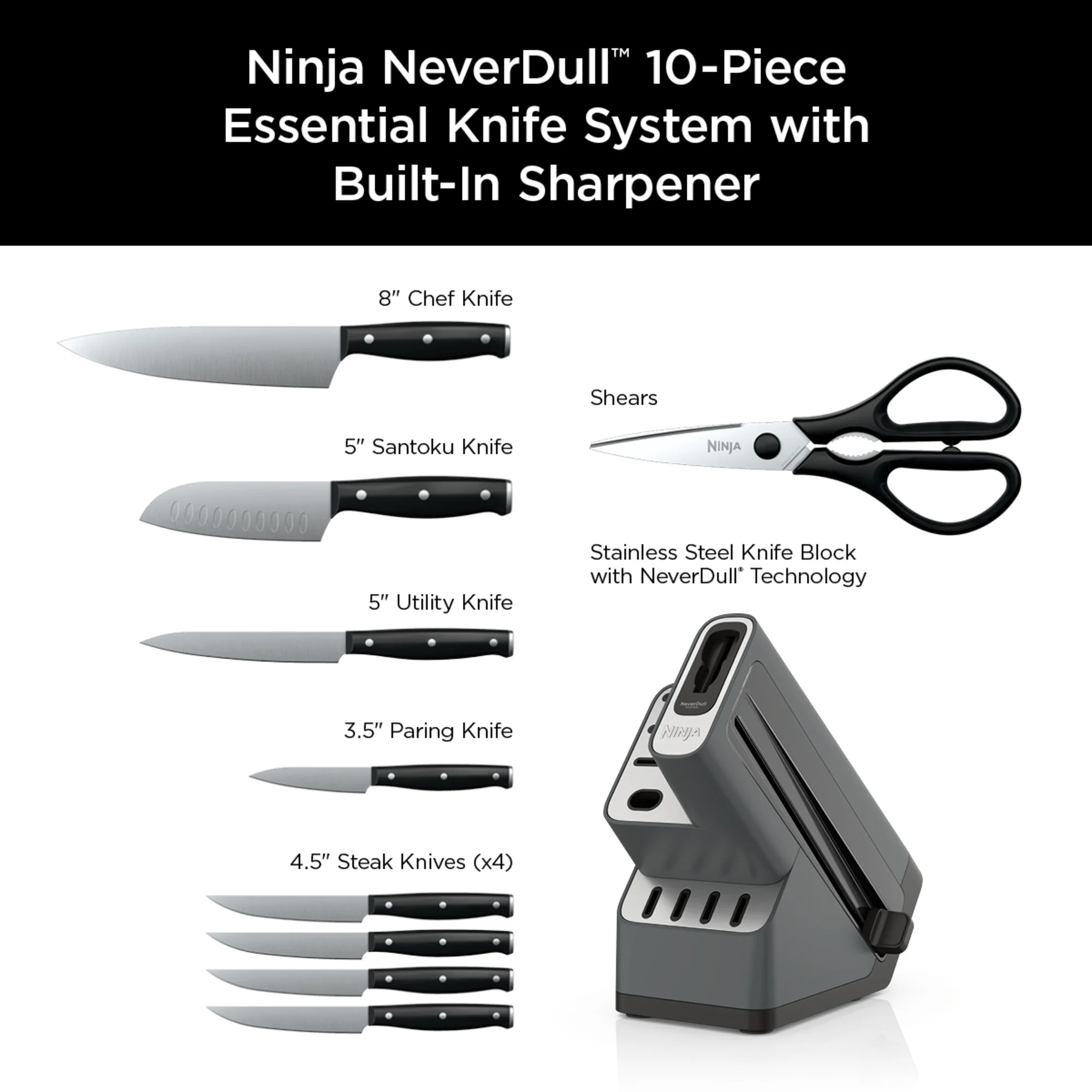 Ninja Foodi NeverDull 10-Piece Stainless Steel Essential Knife System with Sharpener, K12010 Black/Gray