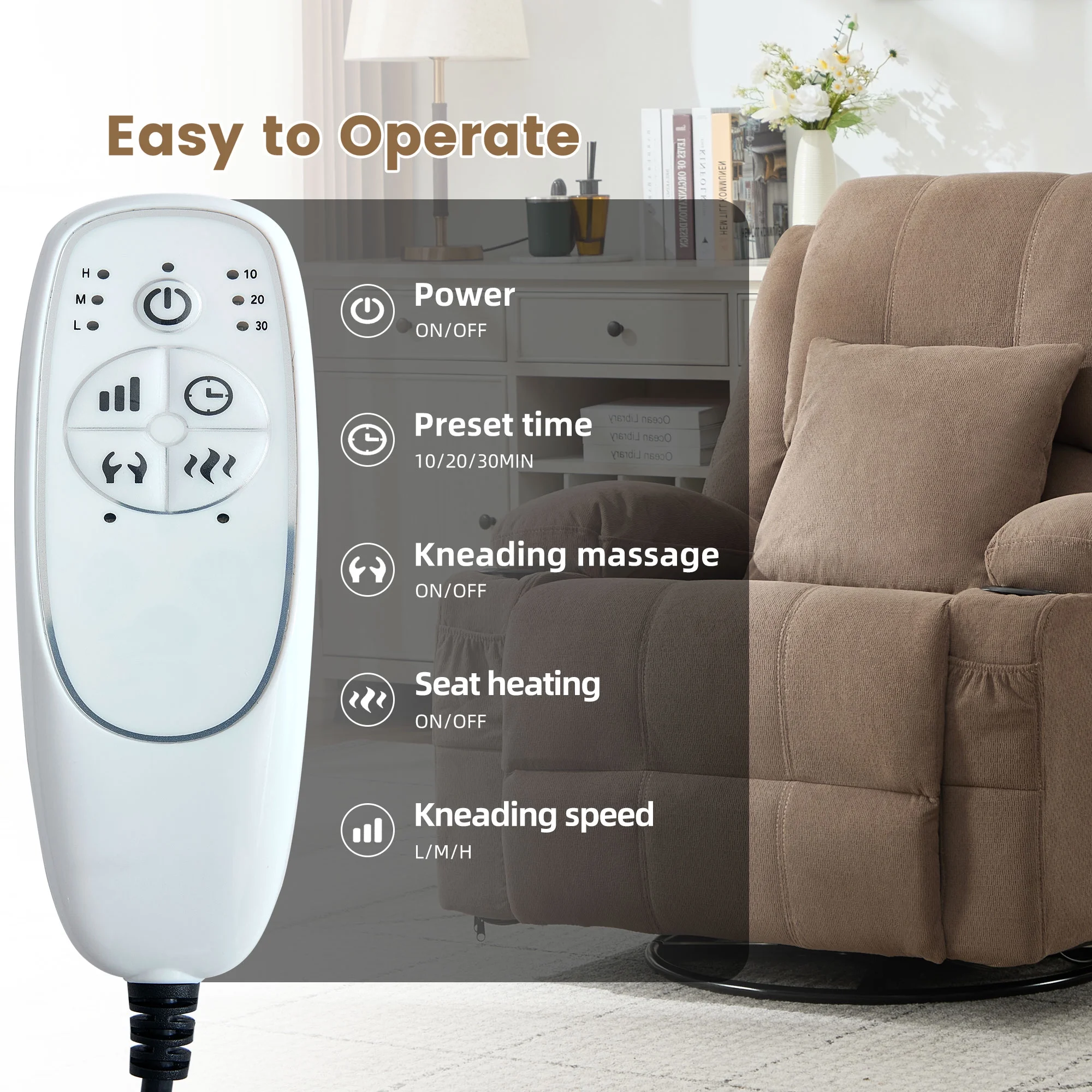 JONPONY Kneading Massage Rocker Recliner Chair with 4-Point 3D Kneading Massage and Heat Ergonomic Lounge Chair for Living Room with Rocking Function and 2 Cup Holders, USB Charge Port,Gray