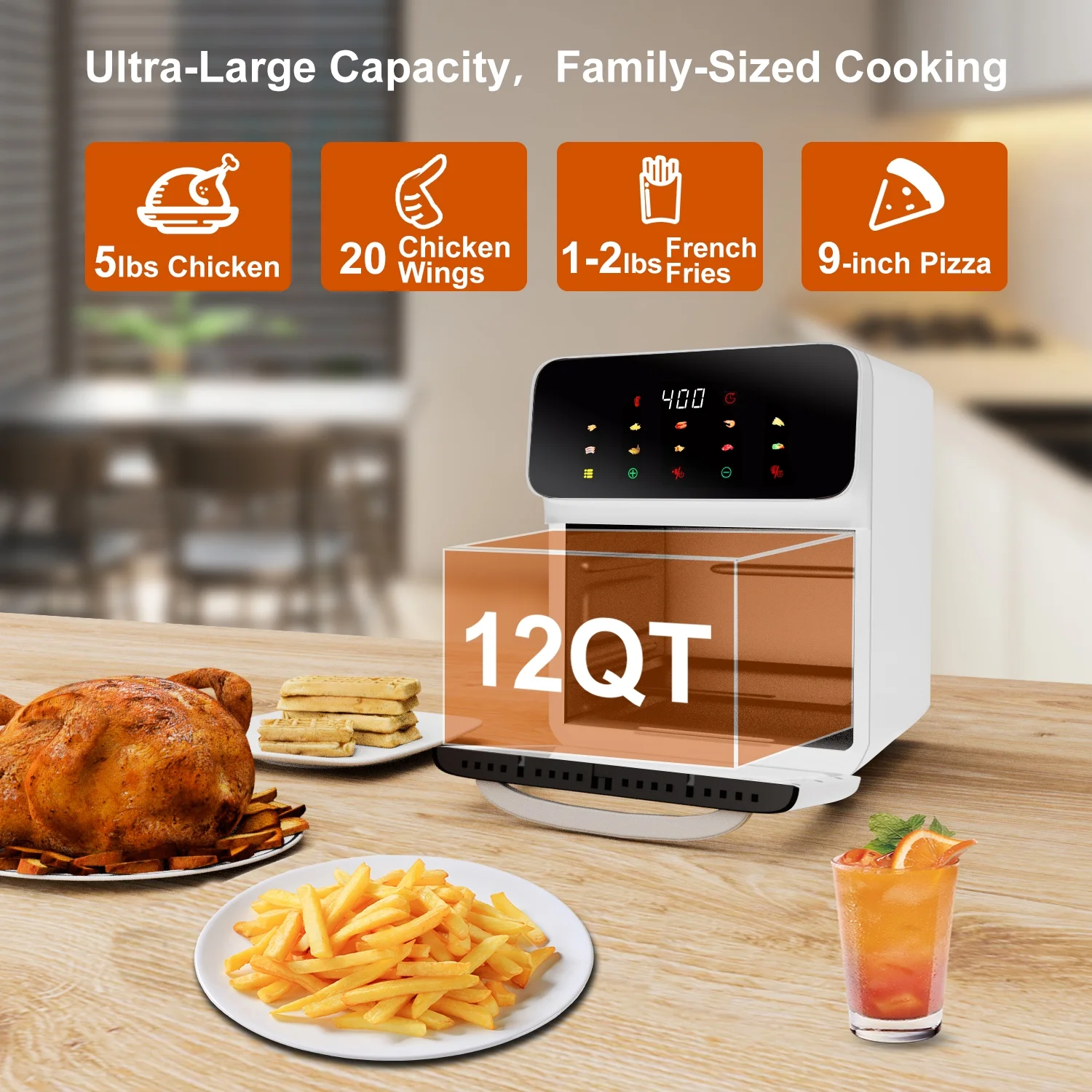 Bluebow Air Fryer 12QT Convection Oven with 10-in-1 Multi Function, Visible Window and Touchscreen, Black