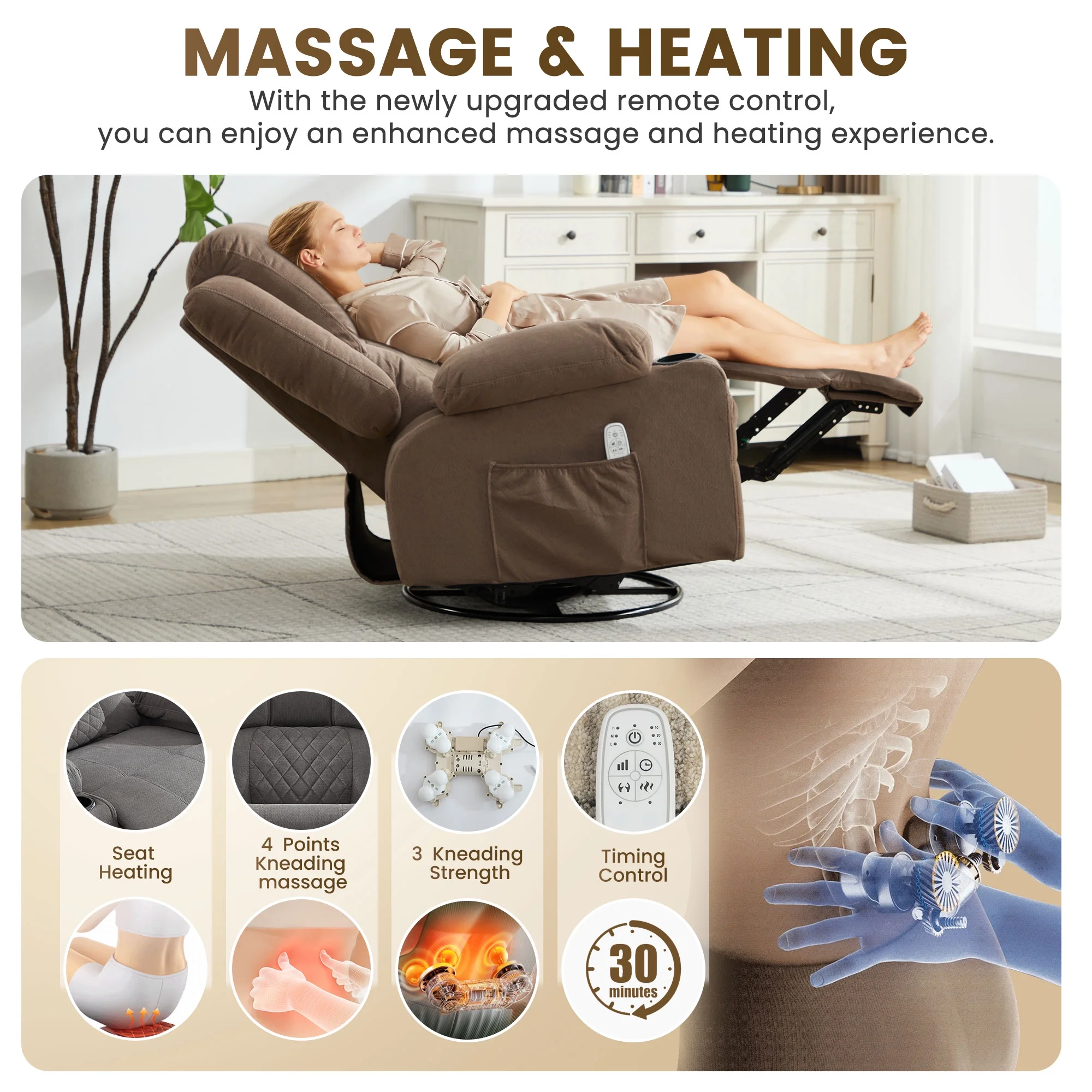 JONPONY Kneading Massage Rocker Recliner Chair with 4-Point 3D Kneading Massage and Heat Ergonomic Lounge Chair for Living Room with Rocking Function and 2 Cup Holders, USB Charge Port,Gray