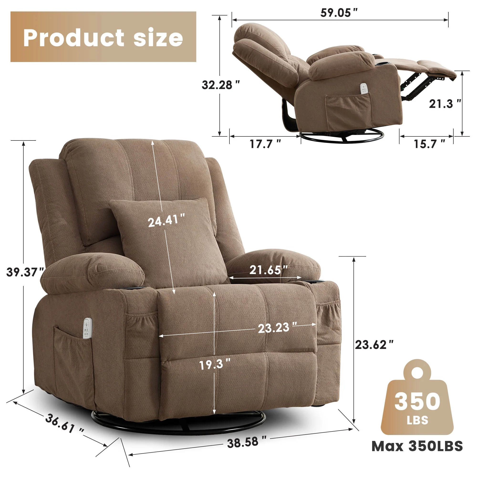 JONPONY Kneading Massage Rocker Recliner Chair with 4-Point 3D Kneading Massage and Heat Ergonomic Lounge Chair for Living Room with Rocking Function and 2 Cup Holders, USB Charge Port,Gray