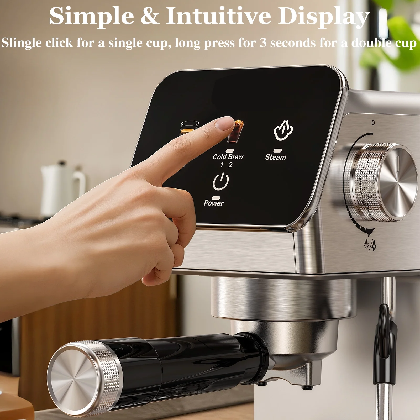 Espresso Machine 20 Bar, Rapid Cold Brew, Stainless Steel Coffee Machine with 40oz Removable Water Tank for Cappuccino, Latte, Silver