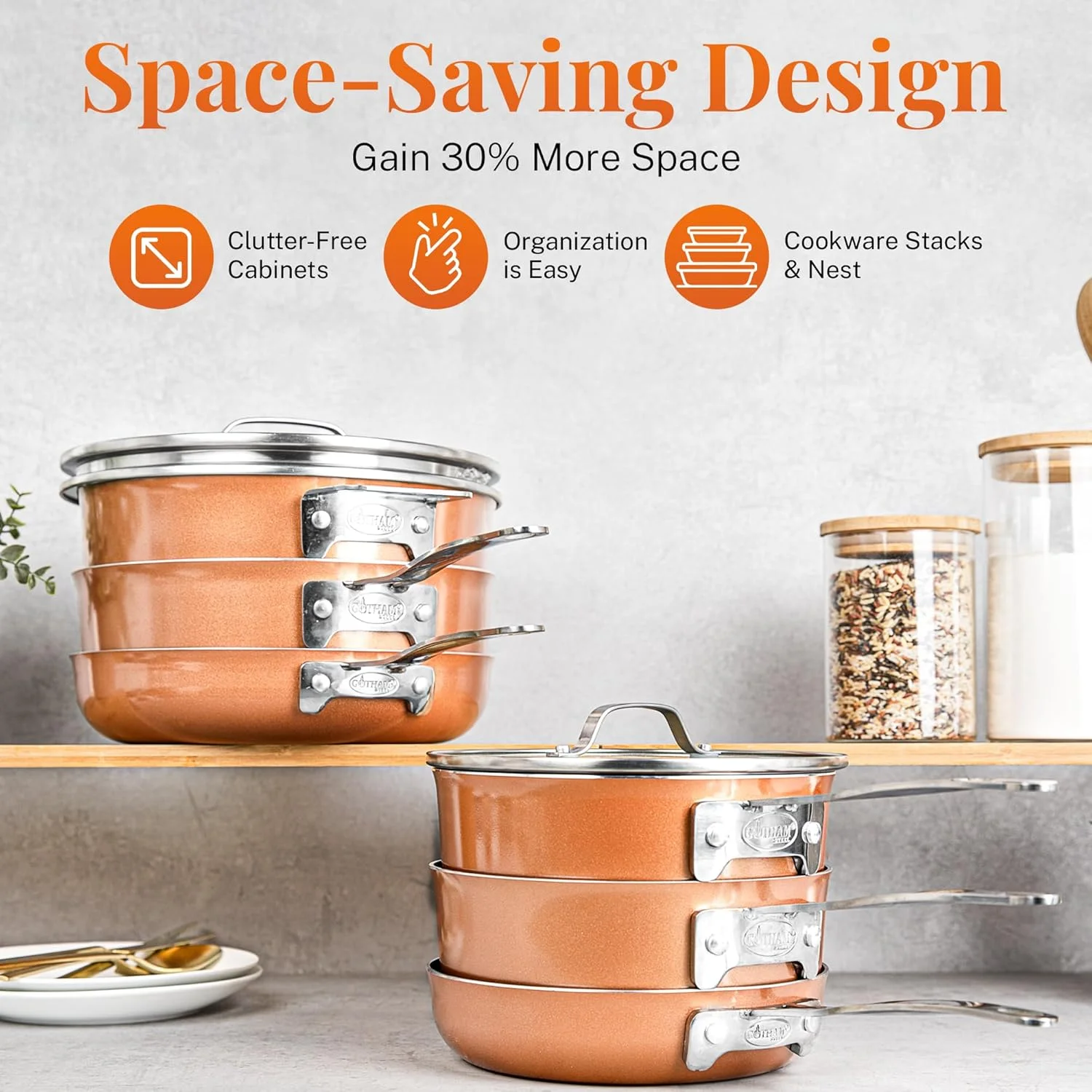 Gotham Steel Stackmaster 10 Pc Copper Pots and Pans Set Non Stick Cookware Set with Kitchen Utensils, Induction Ready, Non Toxic Nesting Design for 50% Space Saving, Oven and Dishwasher Safe