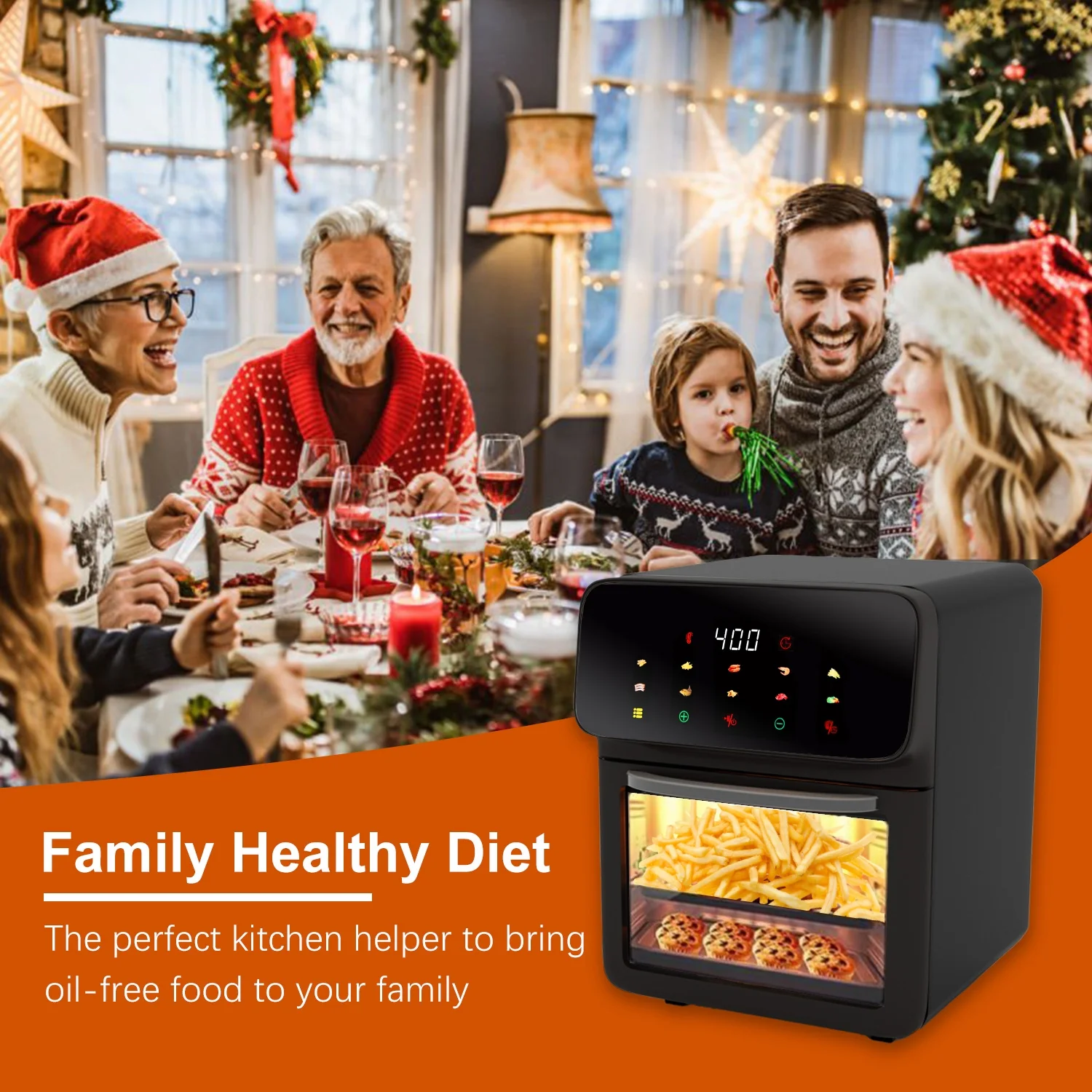 Bluebow Air Fryer 12QT Convection Oven with 10-in-1 Multi Function, Visible Window and Touchscreen, Black