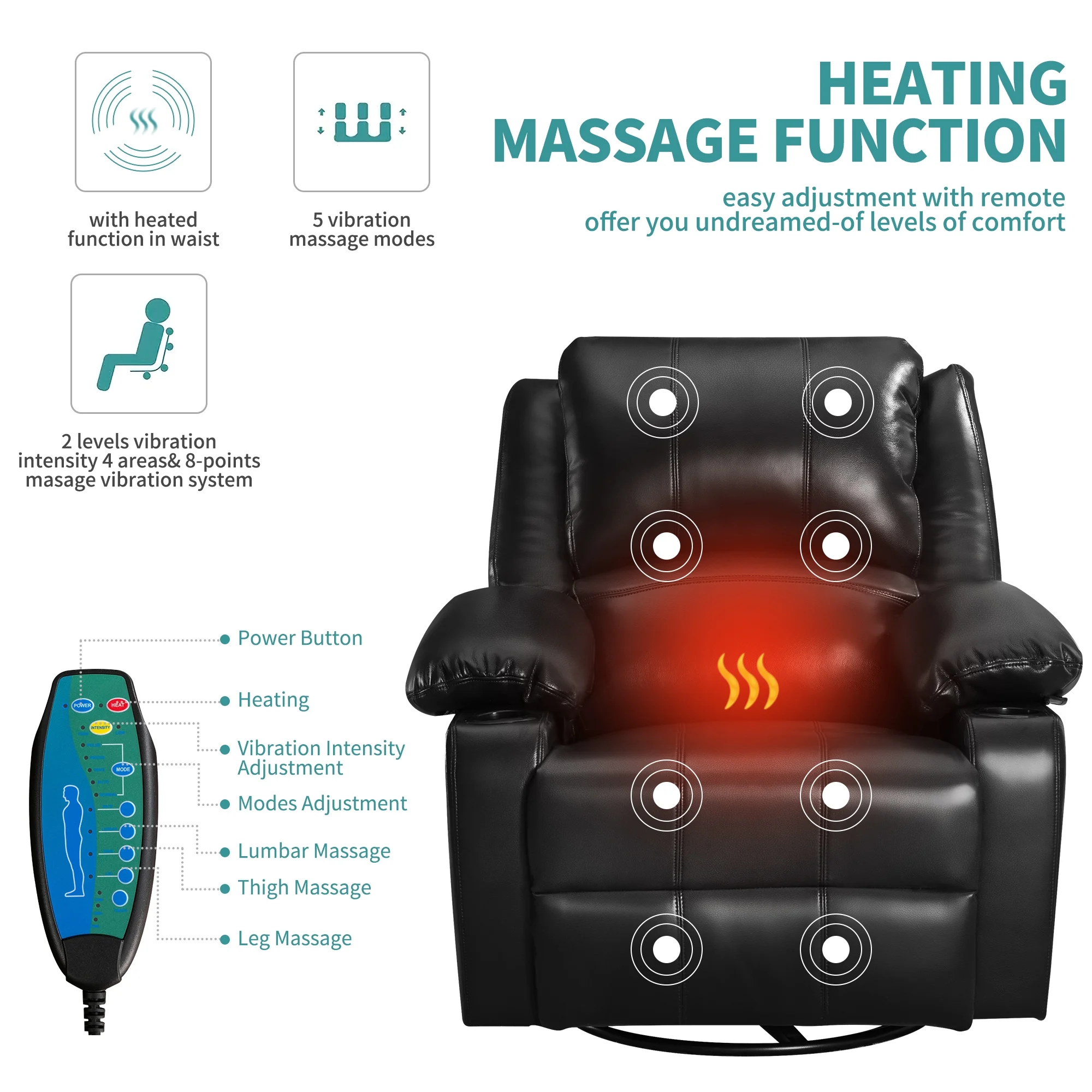 JONPONY Kneading Massage Rocker Recliner Chair with 4-Point 3D Kneading Massage and Heat Ergonomic Lounge Chair for Living Room with Rocking Function and 2 Cup Holders, USB Charge Port,Gray