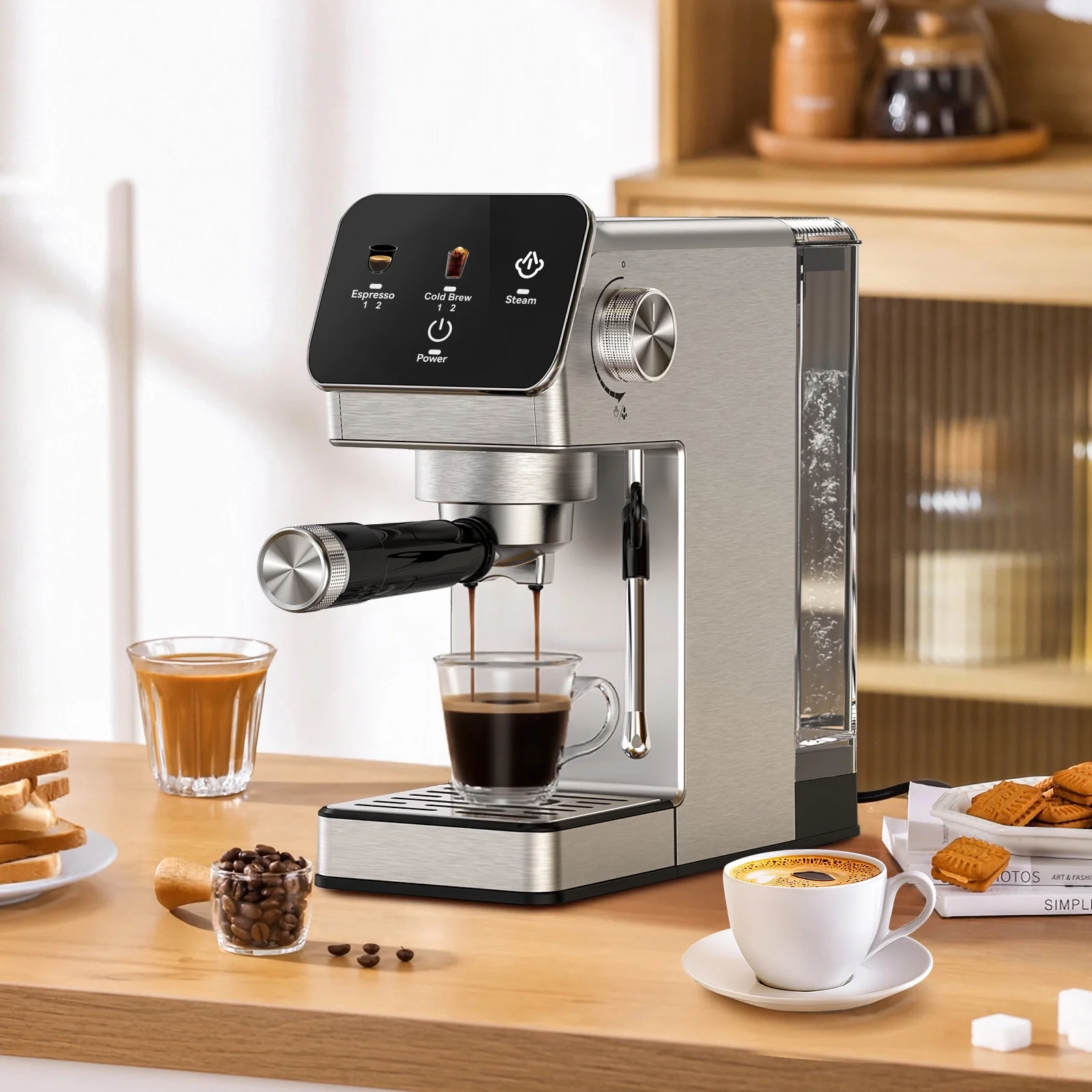 Espresso Machine 20 Bar, Rapid Cold Brew, Stainless Steel Coffee Machine with 40oz Removable Water Tank for Cappuccino, Latte, Silver