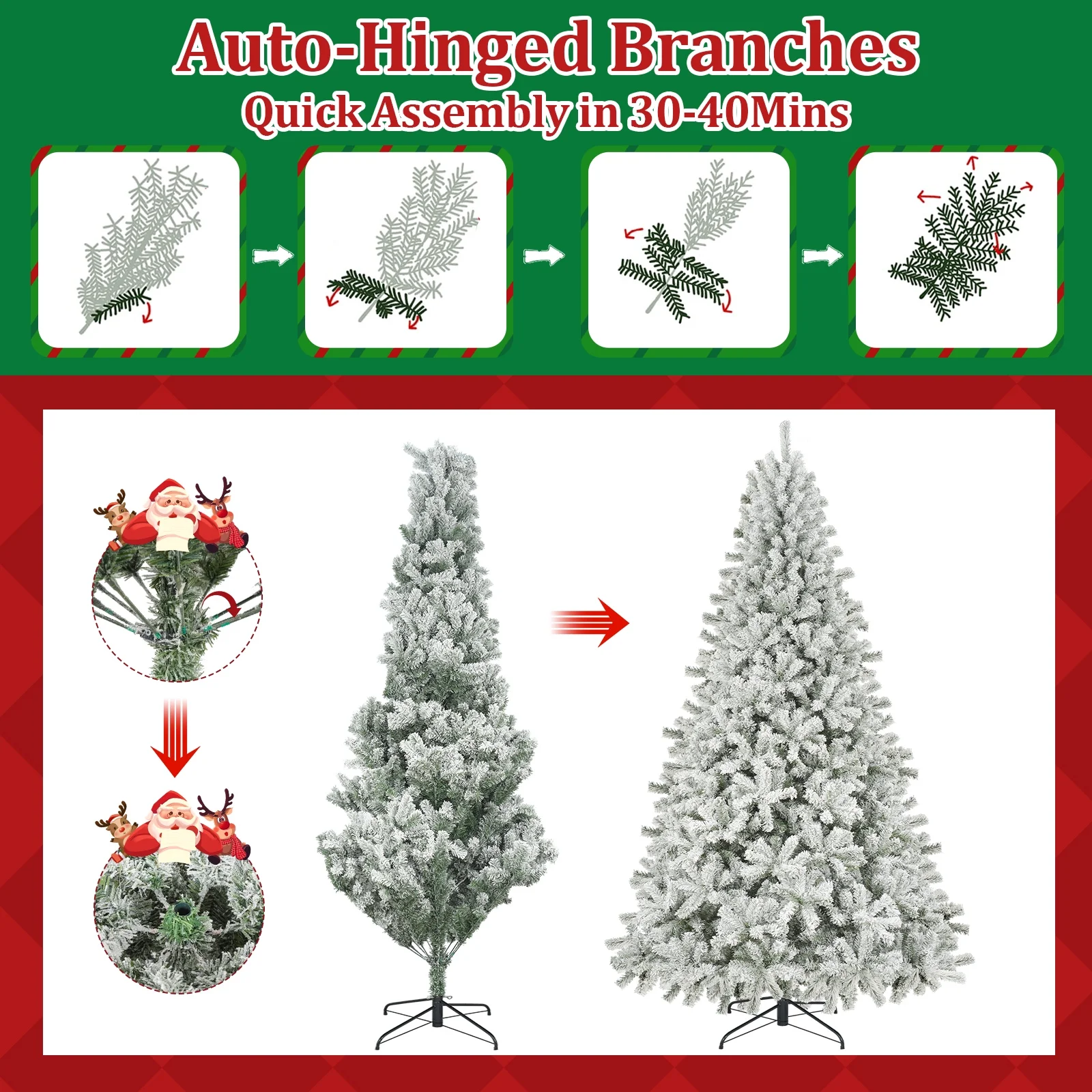 Qunler 9ft Snow Flocked Christmas Tree with 2028 Tips, Artificial Snowy Xmas Pine Tree with Reinforced Metal Base for Home Office Party Holiday Decorations ,White(NO Light)