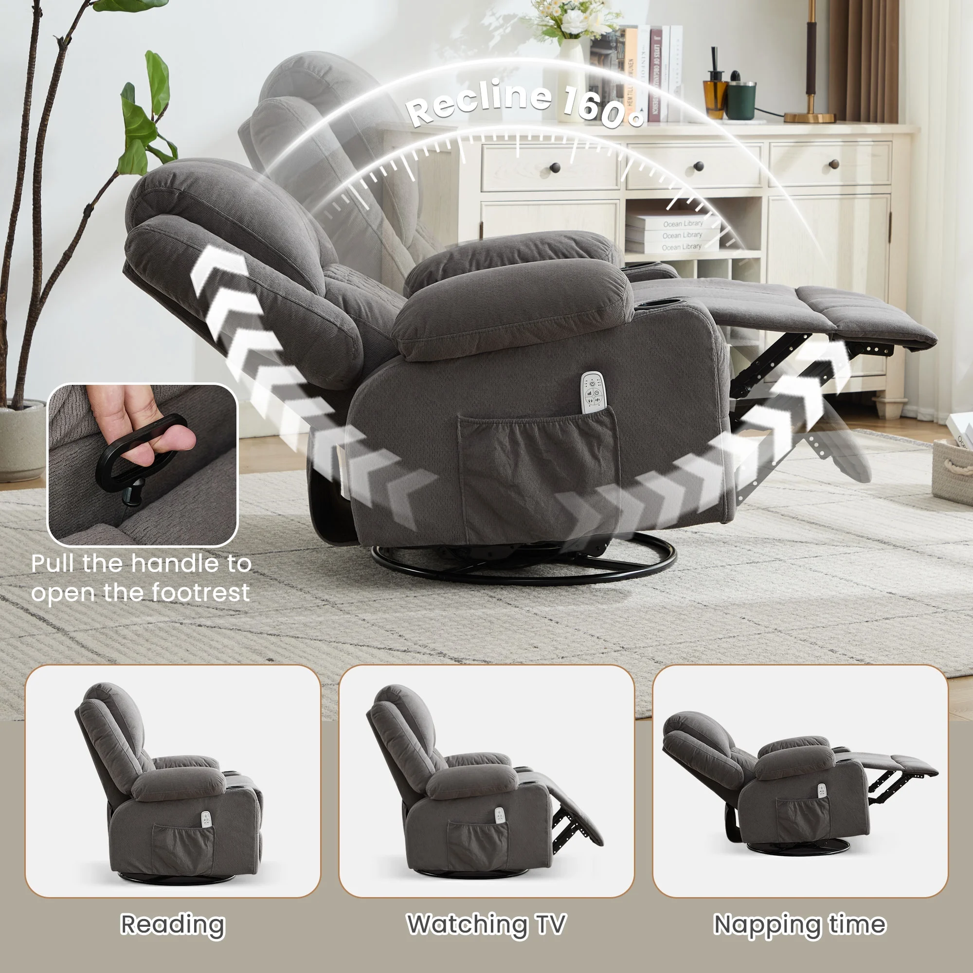 JONPONY Kneading Massage Rocker Recliner Chair with 4-Point 3D Kneading Massage and Heat Ergonomic Lounge Chair for Living Room with Rocking Function and 2 Cup Holders, USB Charge Port,Gray