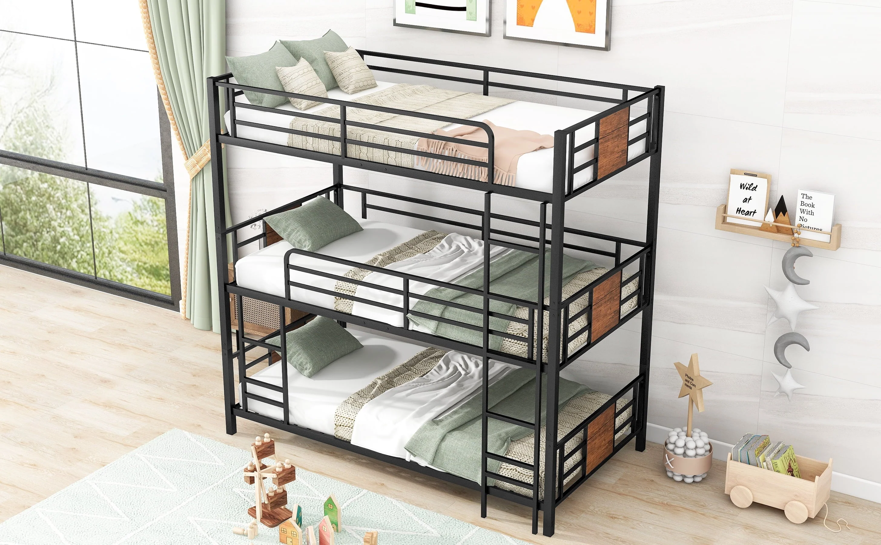 Euroco Metal Twin over Twin over Twin Bedroom Bunk Bed, Triple 3-in-1 Bed, Brown