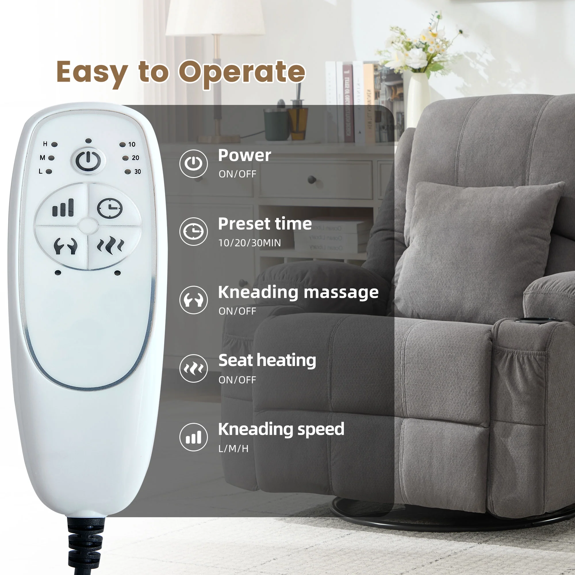 JONPONY Kneading Massage Rocker Recliner Chair with 4-Point 3D Kneading Massage and Heat Ergonomic Lounge Chair for Living Room with Rocking Function and 2 Cup Holders, USB Charge Port,Gray