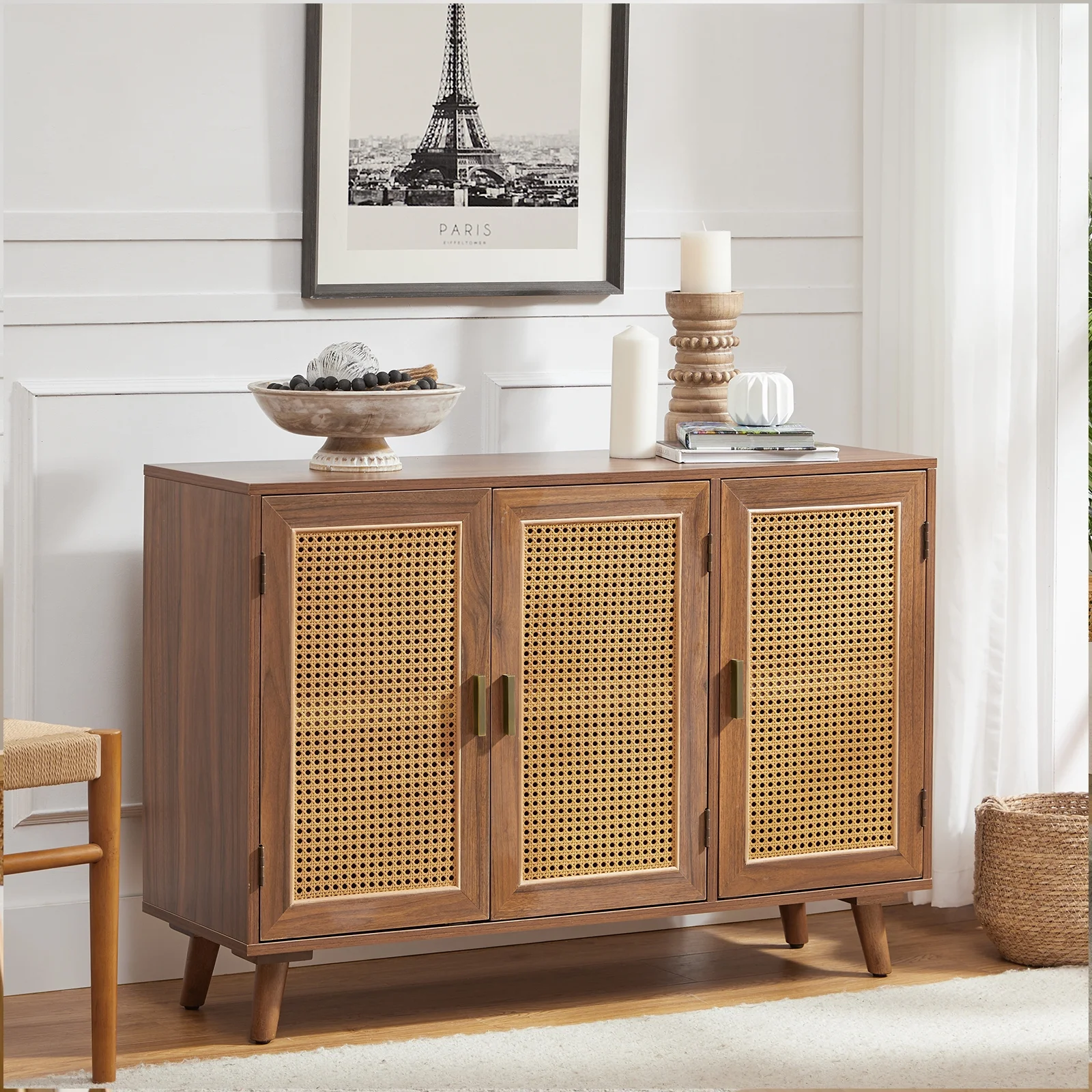 Boho Wooden 3-Door Sideboard Buffet with Rattan Doors Storage Cabinet Walnut