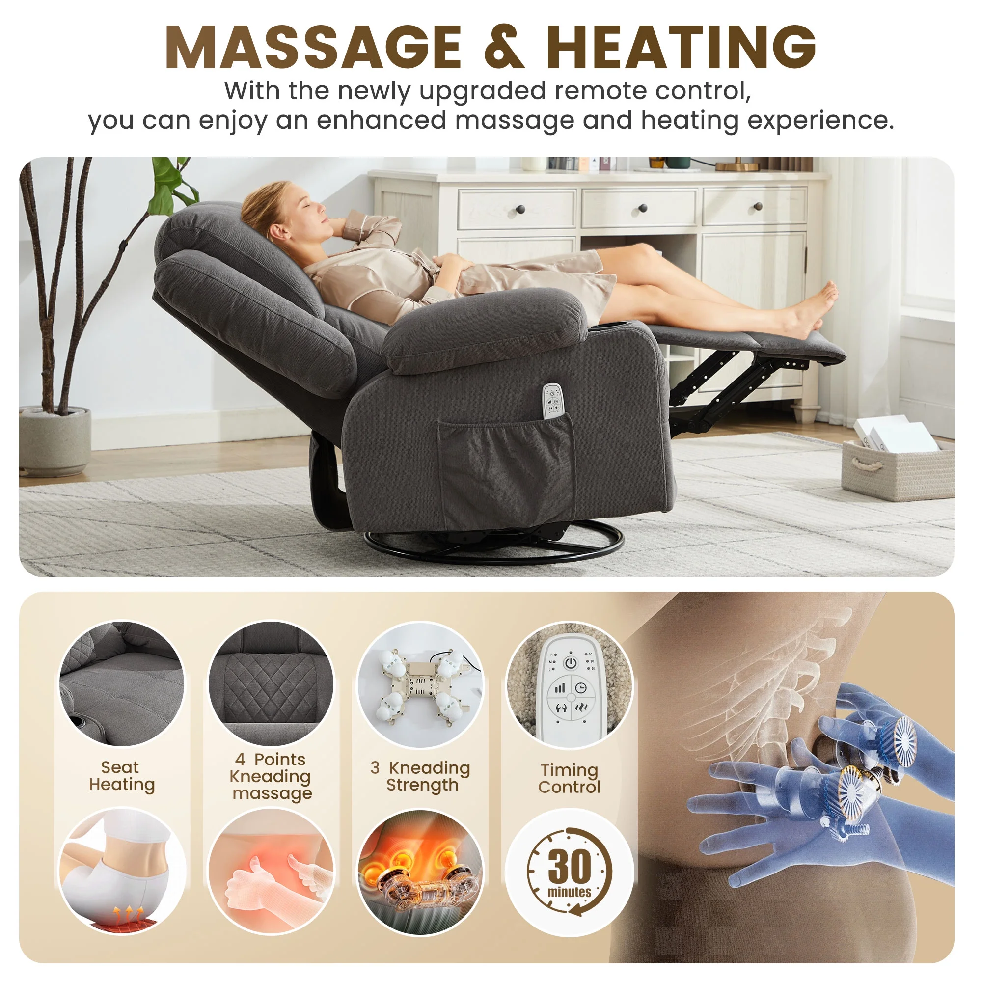 JONPONY Kneading Massage Rocker Recliner Chair with 4-Point 3D Kneading Massage and Heat Ergonomic Lounge Chair for Living Room with Rocking Function and 2 Cup Holders, USB Charge Port,Gray
