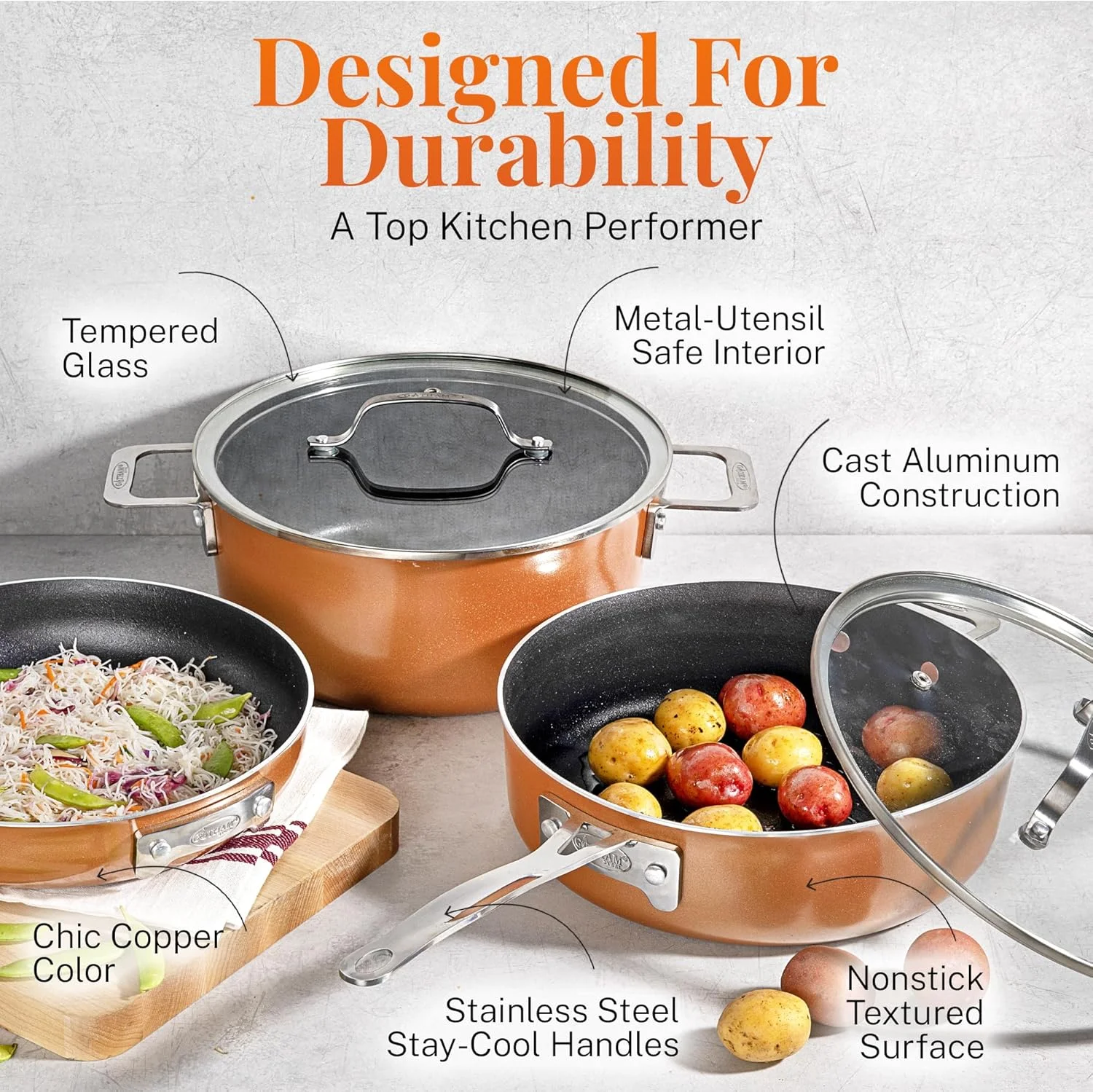 Gotham Steel Stackmaster 10 Pc Copper Pots and Pans Set Non Stick Cookware Set with Kitchen Utensils, Induction Ready, Non Toxic Nesting Design for 50% Space Saving, Oven and Dishwasher Safe