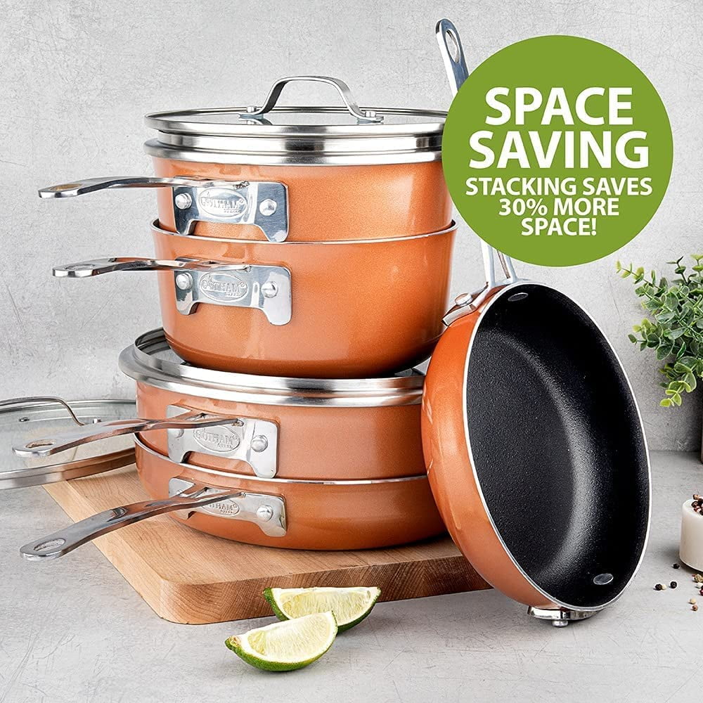 Gotham Steel Stackmaster 10 Pc Copper Pots and Pans Set Non Stick Cookware Set with Kitchen Utensils, Induction Ready, Non Toxic Nesting Design for 50% Space Saving, Oven and Dishwasher Safe