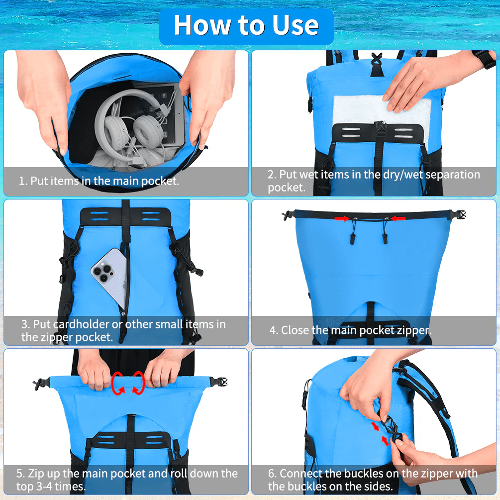 Waterproof Dry Bags Set of 3 Adjustable Shoulder Strap 20L Dry Backpack Compression Sack with Cellphone Phone Waist Bag for Kayaking, Beach, Rafting, Boating, Hiking, Blue