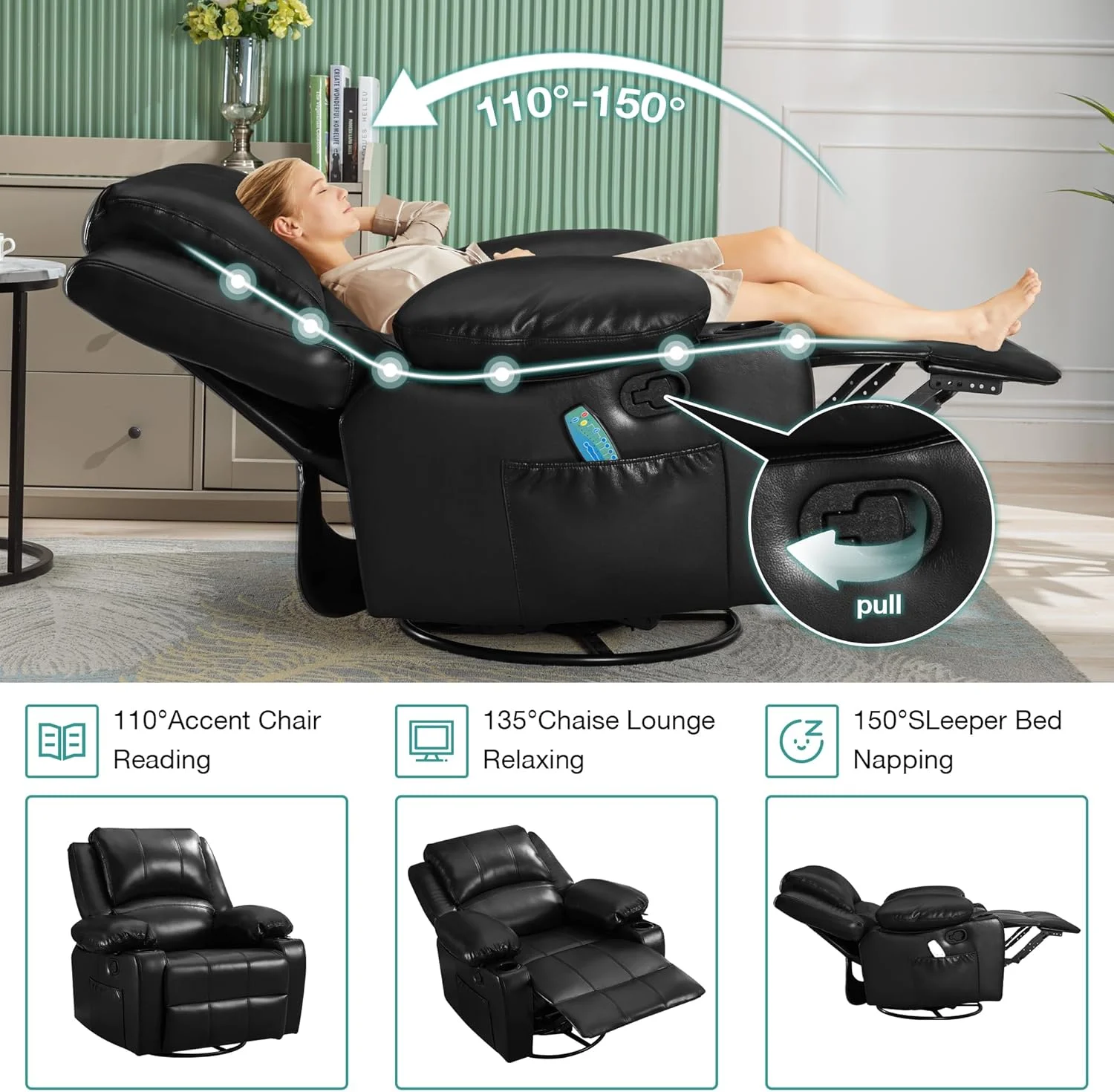 JONPONY Kneading Massage Rocker Recliner Chair with 4-Point 3D Kneading Massage and Heat Ergonomic Lounge Chair for Living Room with Rocking Function and 2 Cup Holders, USB Charge Port,Gray