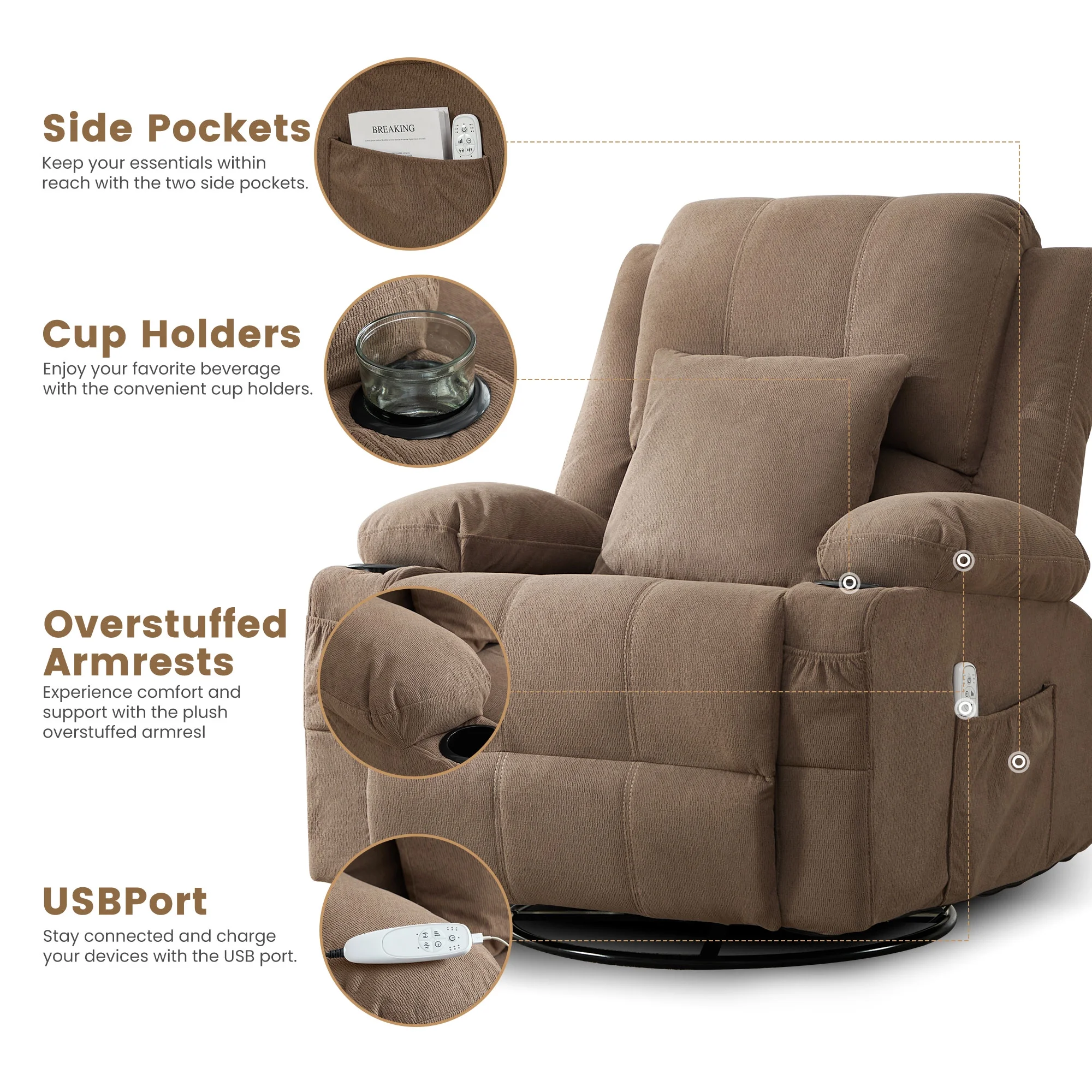 JONPONY Kneading Massage Rocker Recliner Chair with 4-Point 3D Kneading Massage and Heat Ergonomic Lounge Chair for Living Room with Rocking Function and 2 Cup Holders, USB Charge Port,Gray