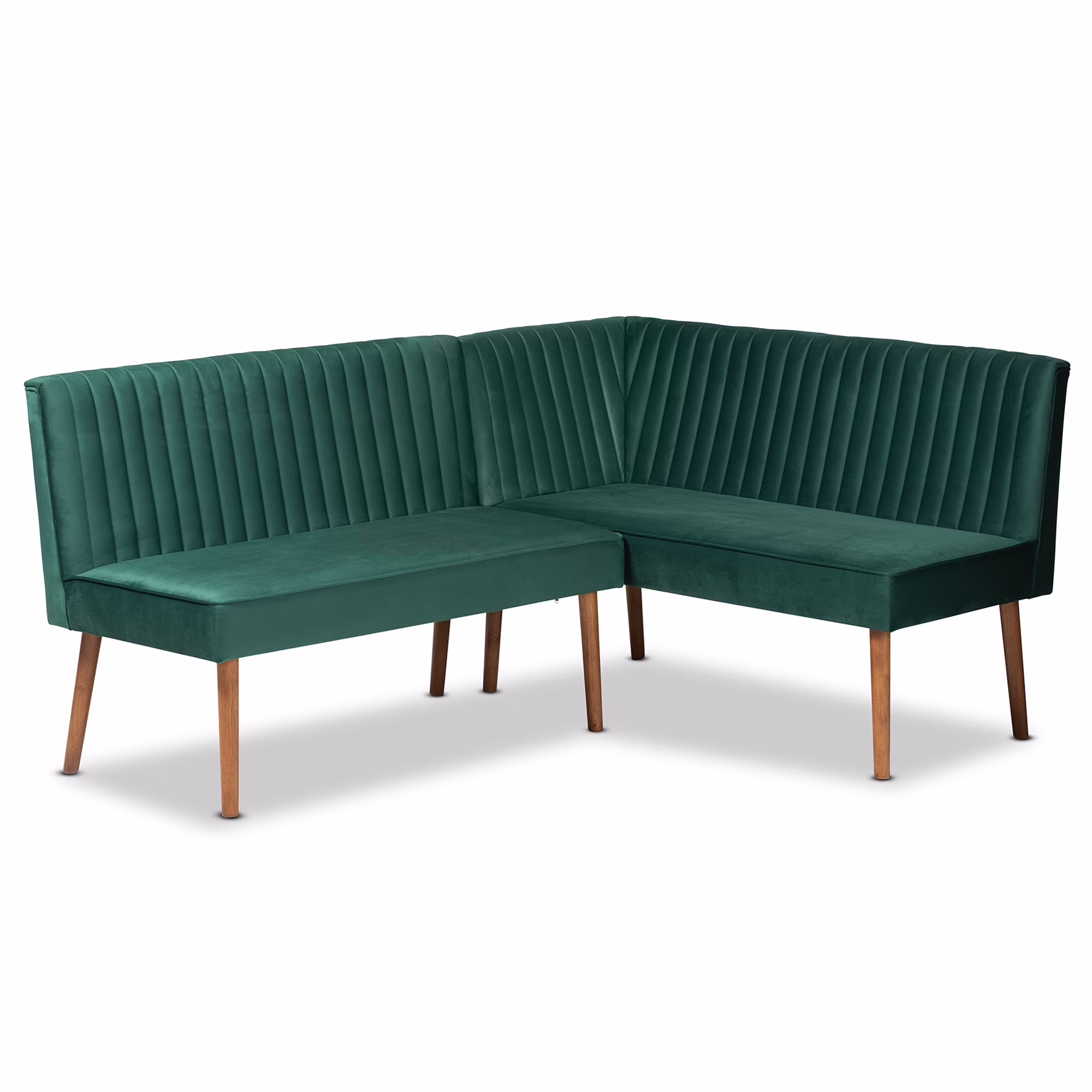 Baxton Studio Alvis Mid-Century Velvet Dining Nook Banquette Set(2PC) Emerald Green, Walnut Brown