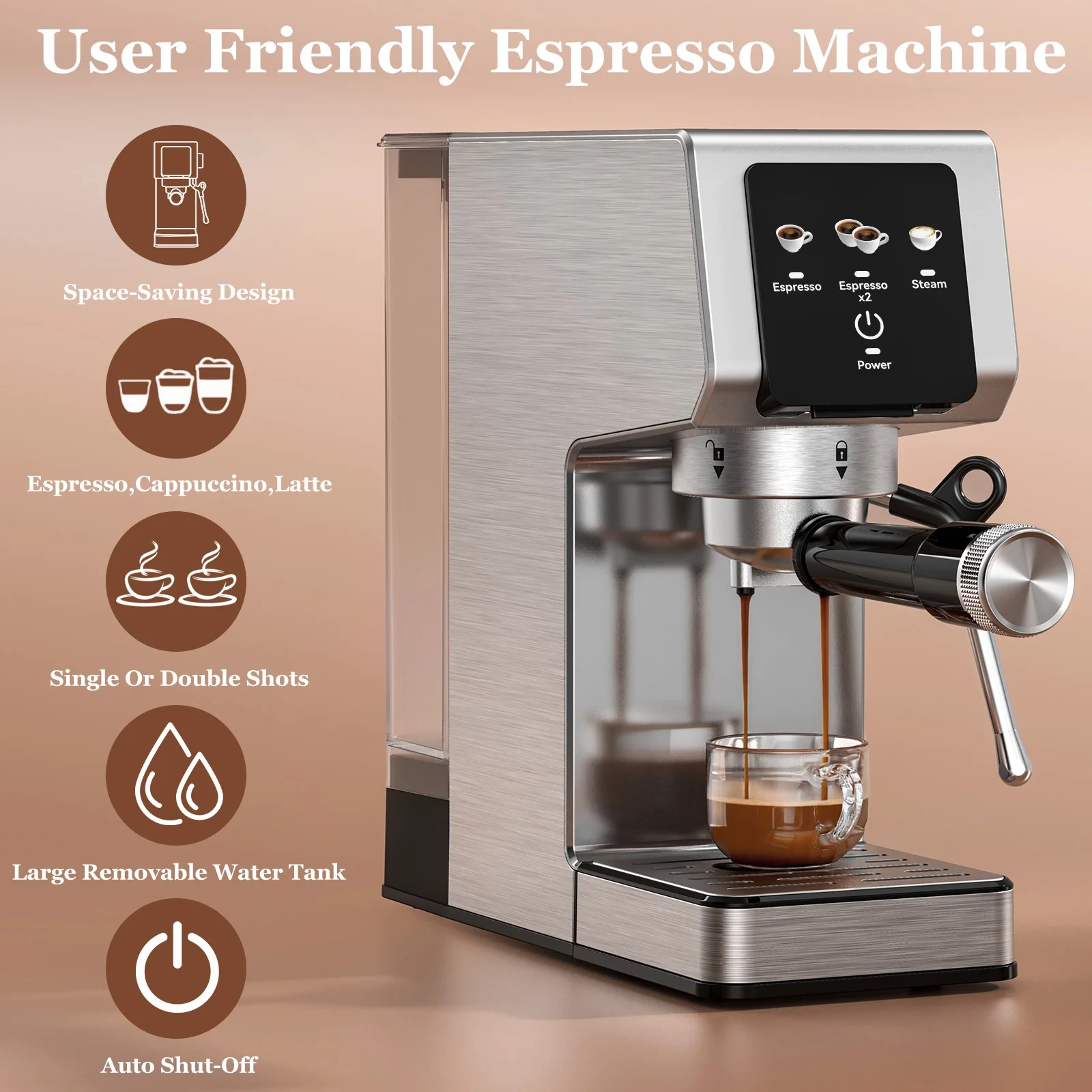Espresso Machine 20 Bar, Rapid Cold Brew, Stainless Steel Coffee Machine with 40oz Removable Water Tank for Cappuccino, Latte, Silver