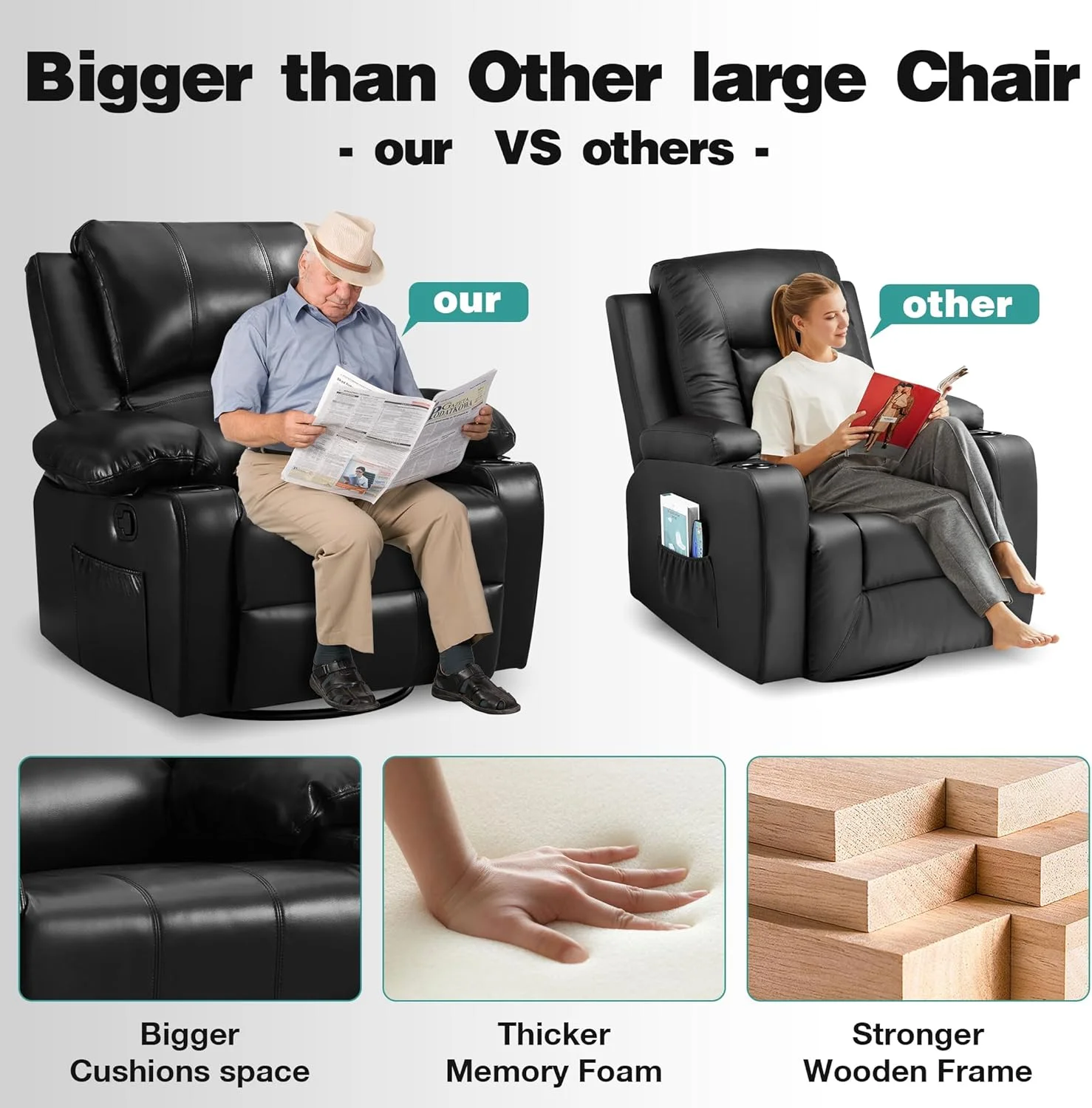 JONPONY Kneading Massage Rocker Recliner Chair with 4-Point 3D Kneading Massage and Heat Ergonomic Lounge Chair for Living Room with Rocking Function and 2 Cup Holders, USB Charge Port,Gray