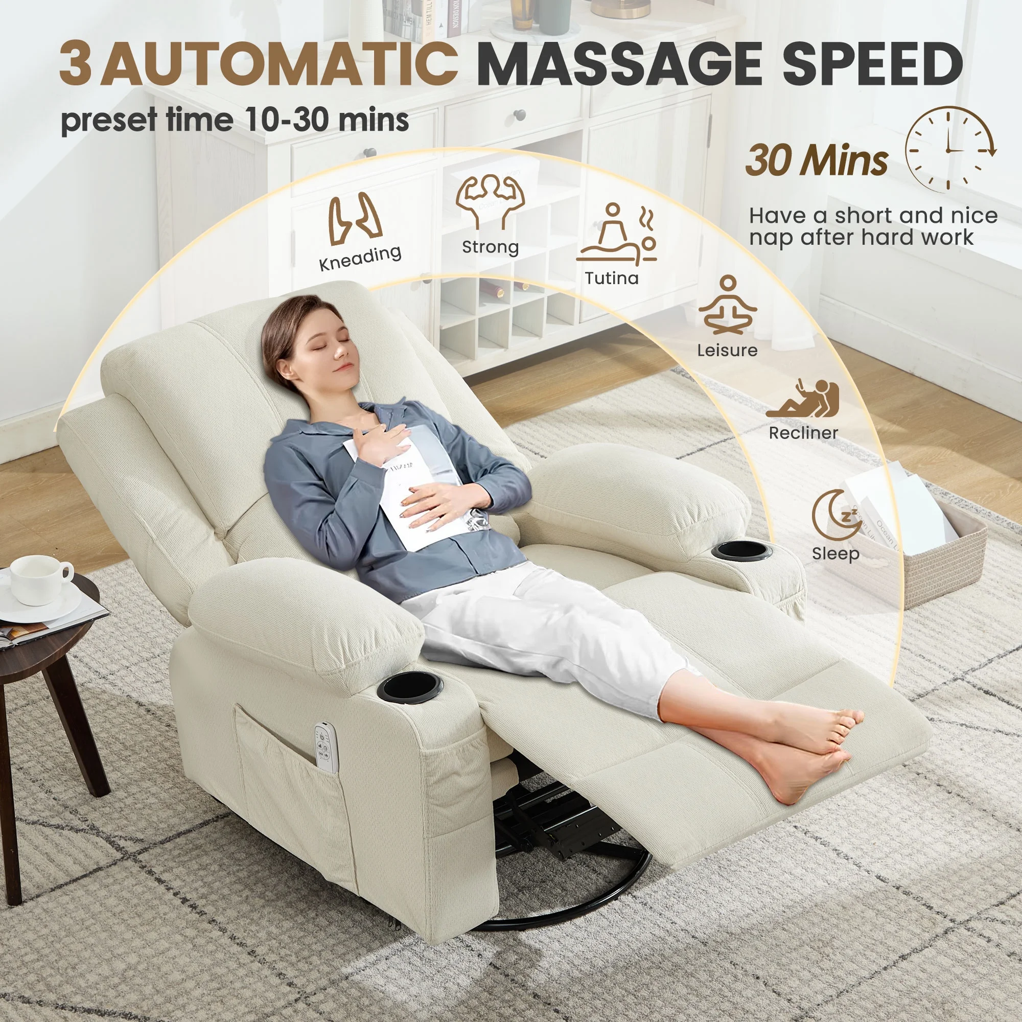JONPONY Kneading Massage Rocker Recliner Chair with 4-Point 3D Kneading Massage and Heat Ergonomic Lounge Chair for Living Room with Rocking Function and 2 Cup Holders, USB Charge Port,Gray