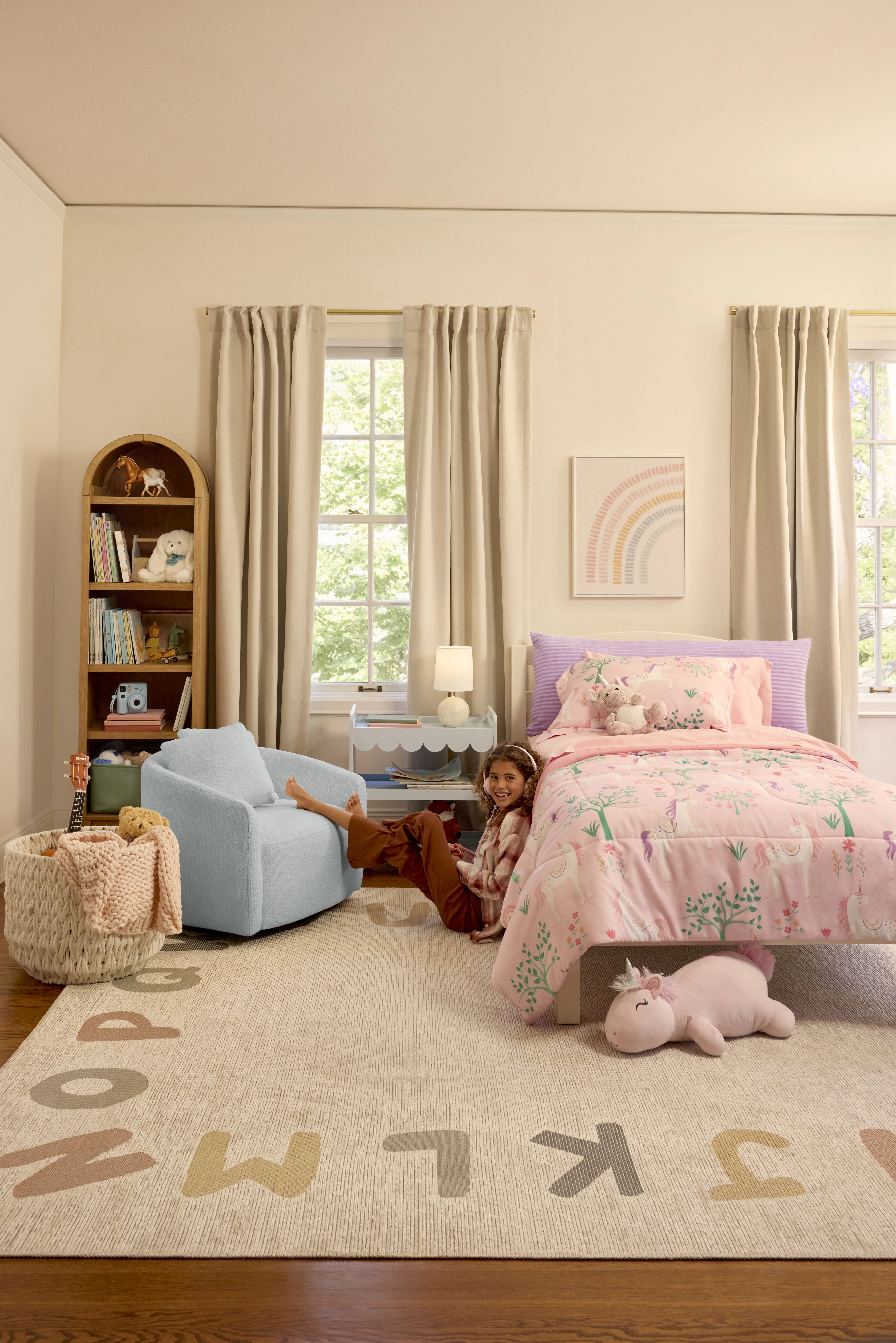 Beautiful Drew Kids Accent Chair by Drew Barrymore, Cornflower Bouclé Fabric