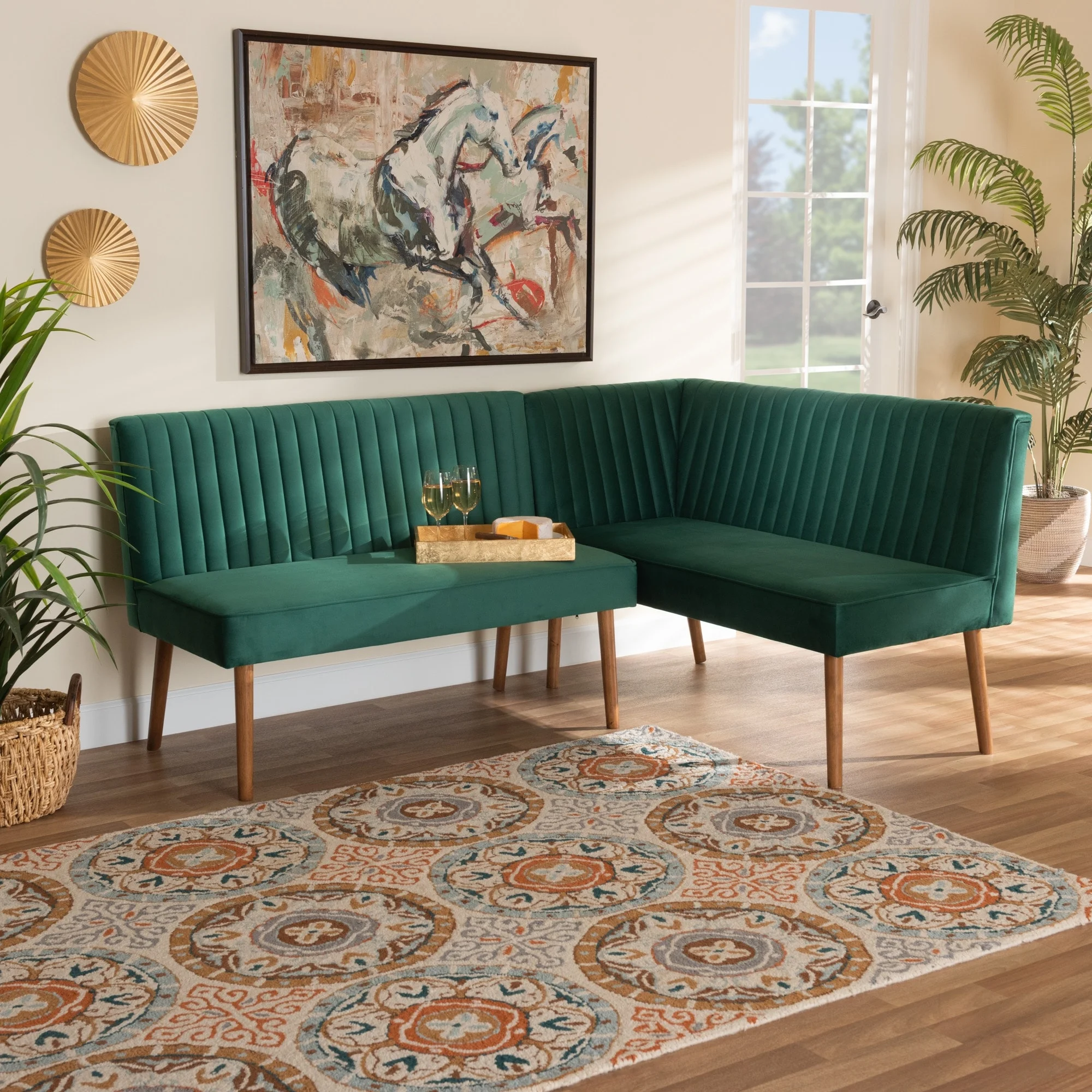 Baxton Studio Alvis Mid-Century Velvet Dining Nook Banquette Set(2PC) Emerald Green, Walnut Brown
