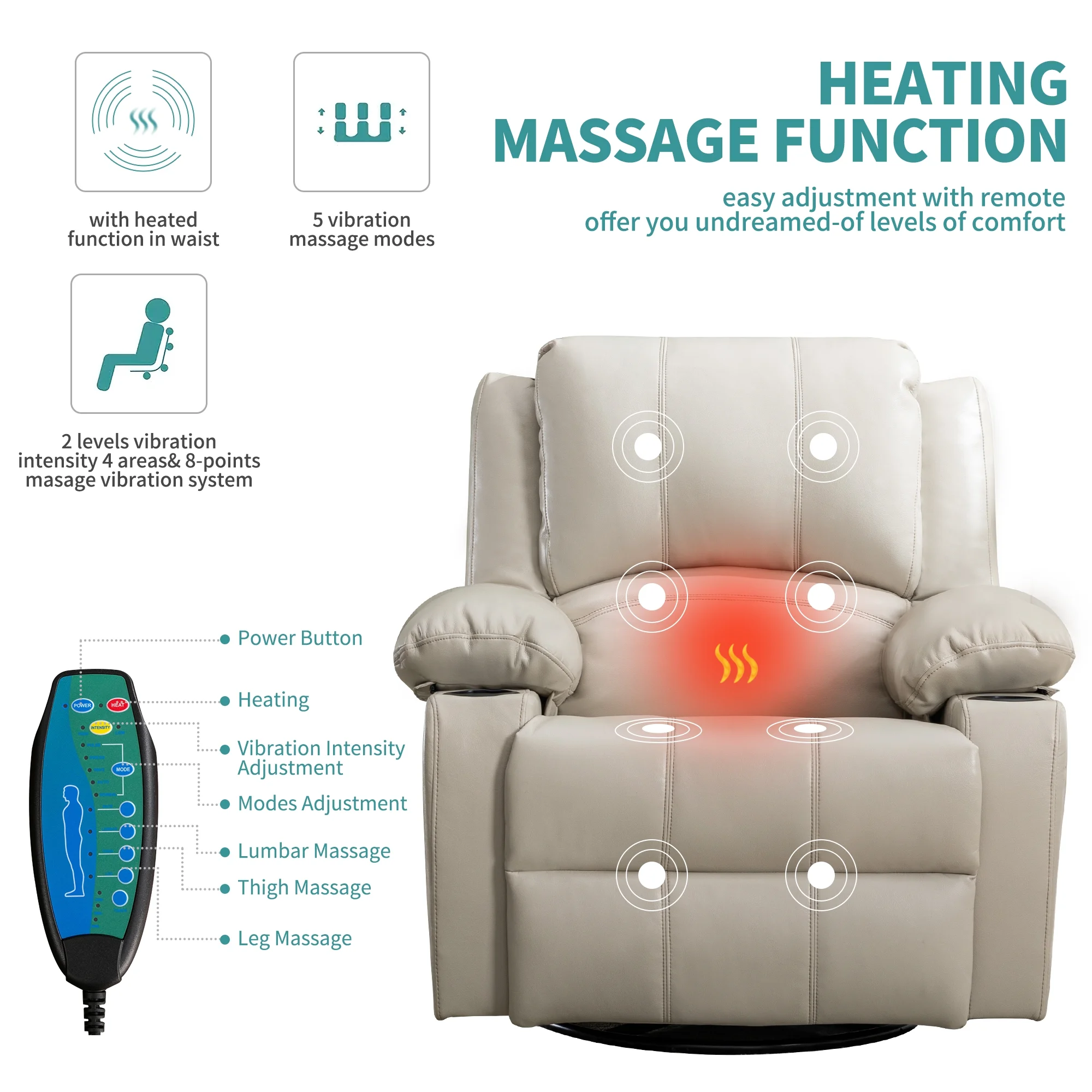 JONPONY Kneading Massage Rocker Recliner Chair with 4-Point 3D Kneading Massage and Heat Ergonomic Lounge Chair for Living Room with Rocking Function and 2 Cup Holders, USB Charge Port,Gray